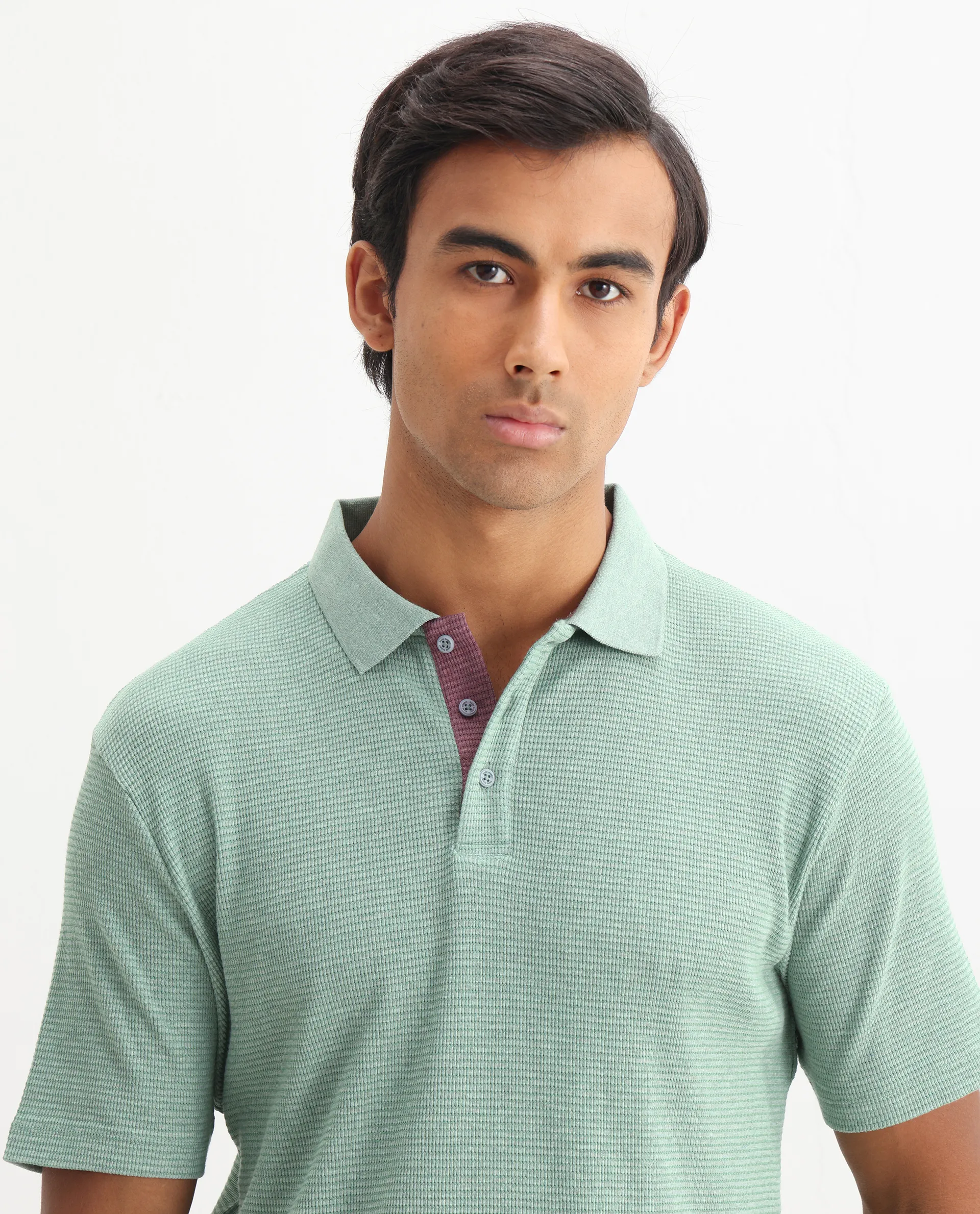 Rare Rabbit Men's Mello Dusky Green Cotton Plain Regular Fit Half Sleeve Polo - Image 4