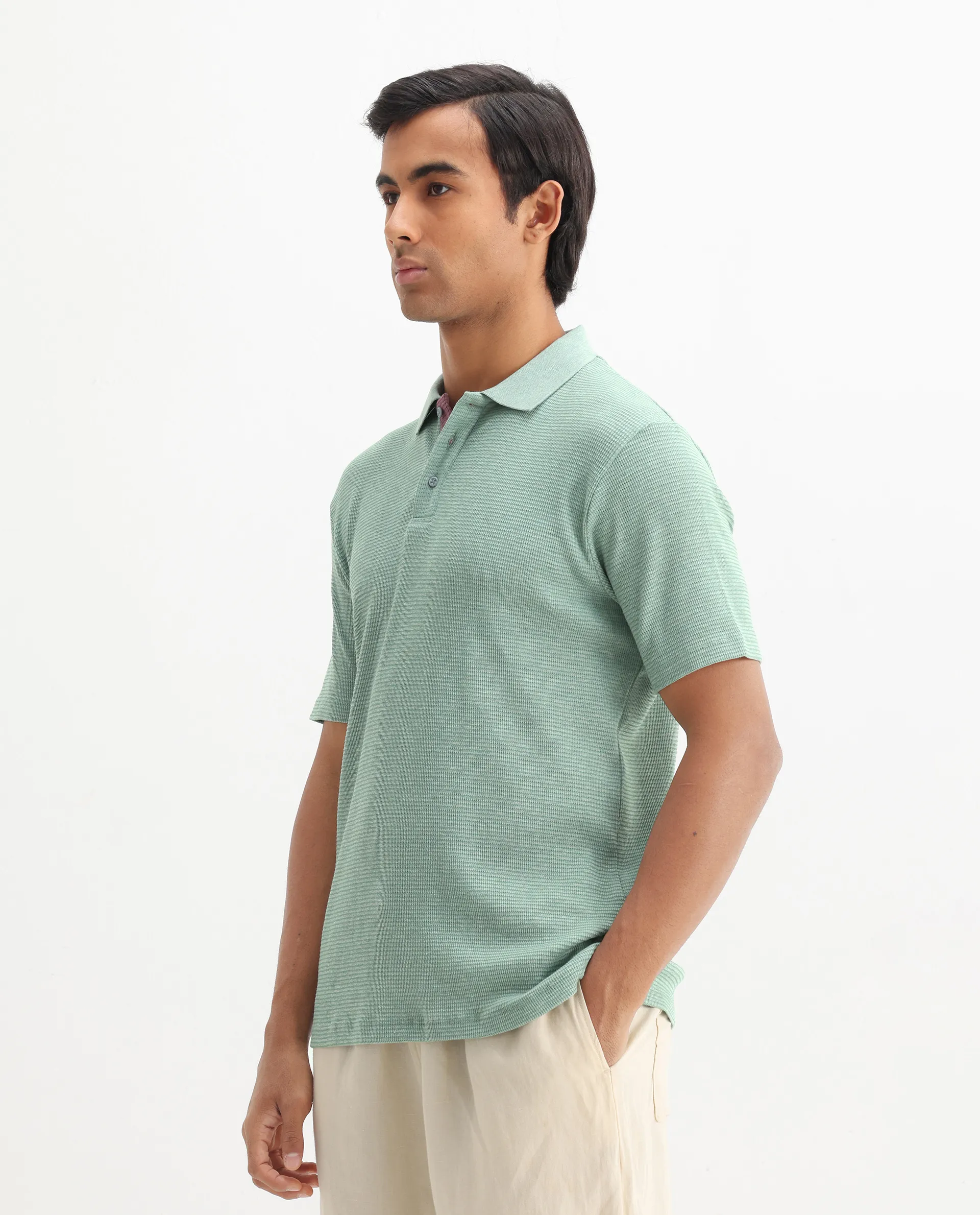 Rare Rabbit Men's Mello Dusky Green Cotton Plain Regular Fit Half Sleeve Polo - Image 7