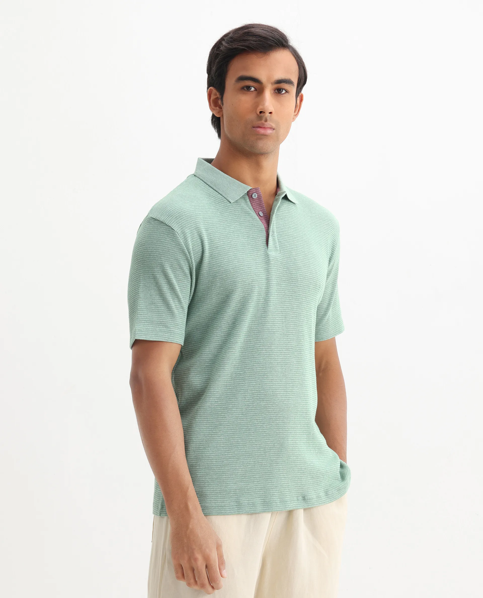 Rare Rabbit Men's Mello Dusky Green Cotton Plain Regular Fit Half Sleeve Polo - Image 8