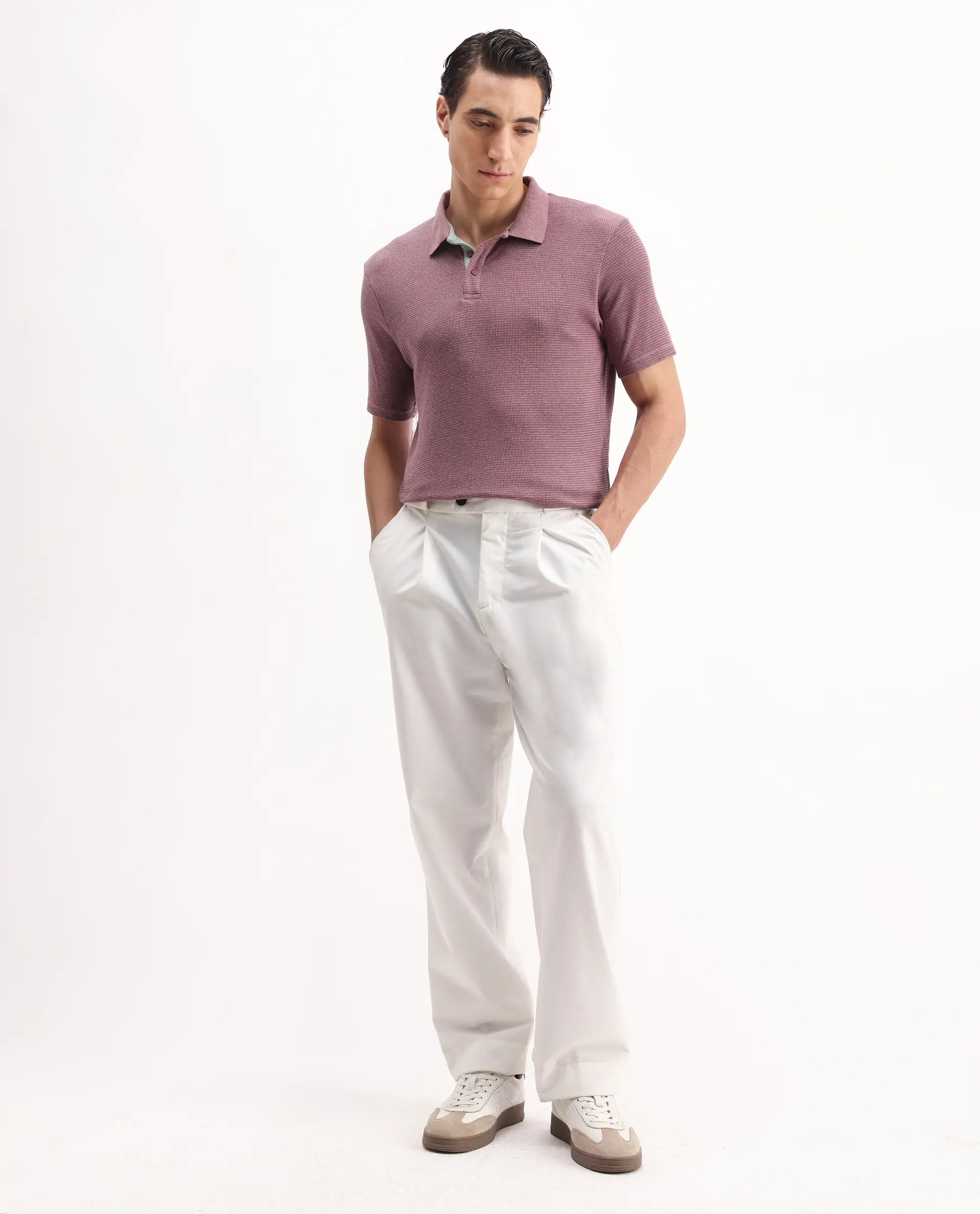 Rare Rabbit Men's Mello Dusky Pink Cotton Plain Regular Fit Half Sleeve Polo - Image 2