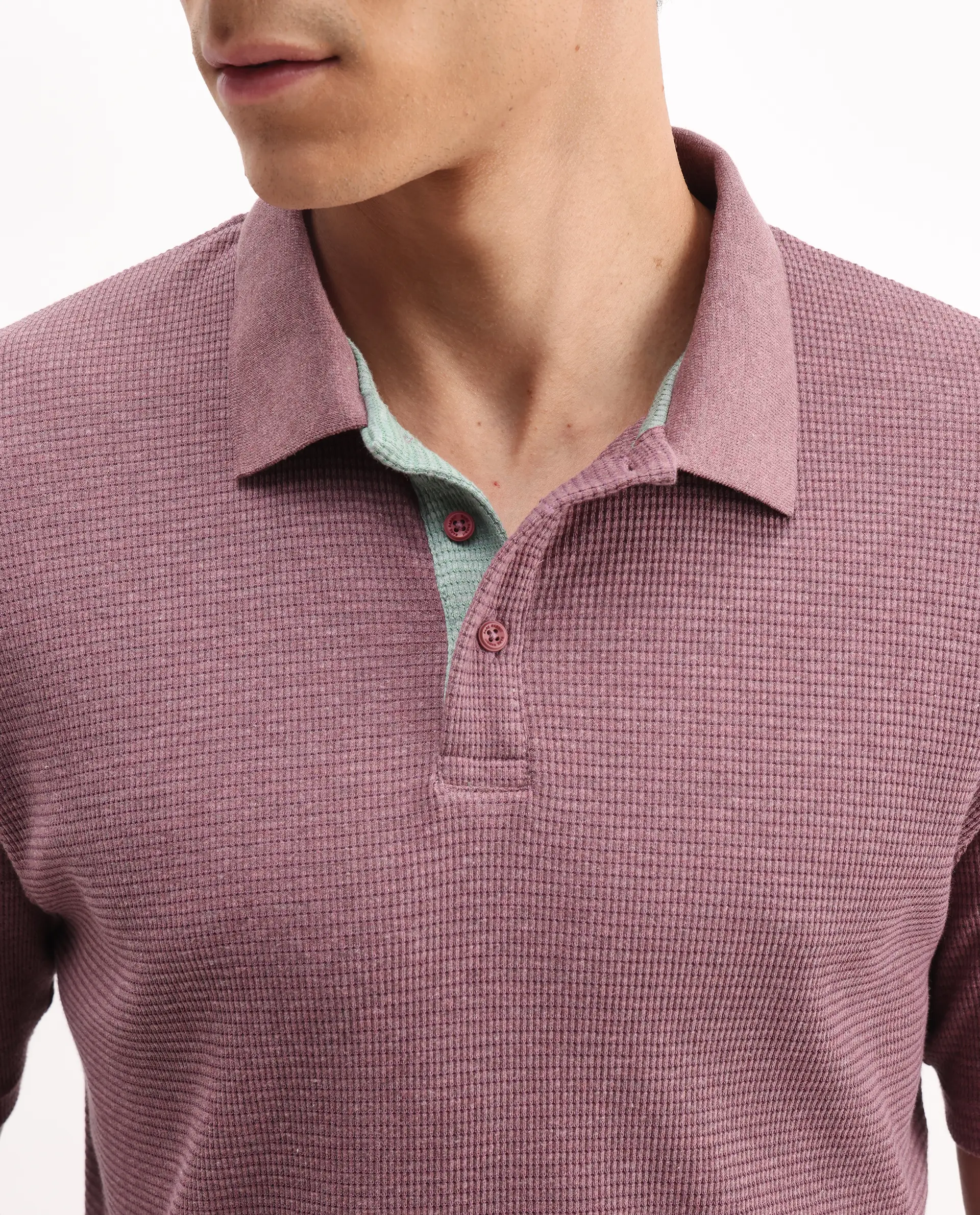 Rare Rabbit Men's Mello Dusky Pink Cotton Plain Regular Fit Half Sleeve Polo - Image 3