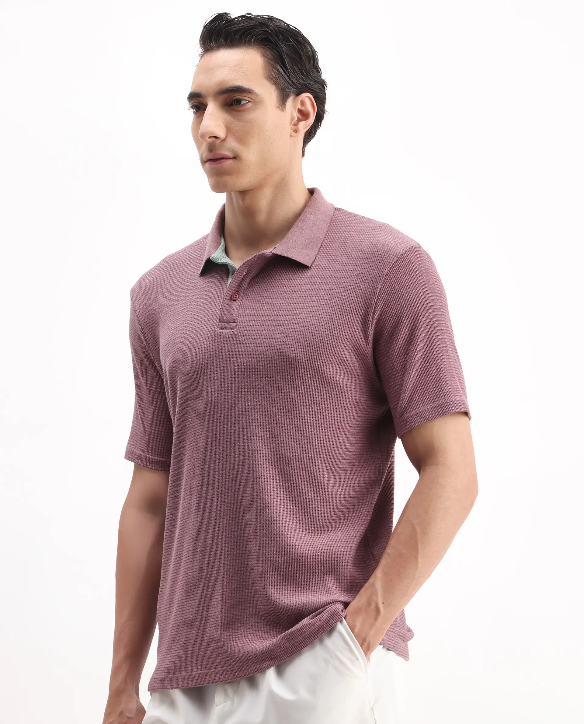 Rare Rabbit Men's Mello Dusky Pink Cotton Plain Regular Fit Half Sleeve Polo - Image 4