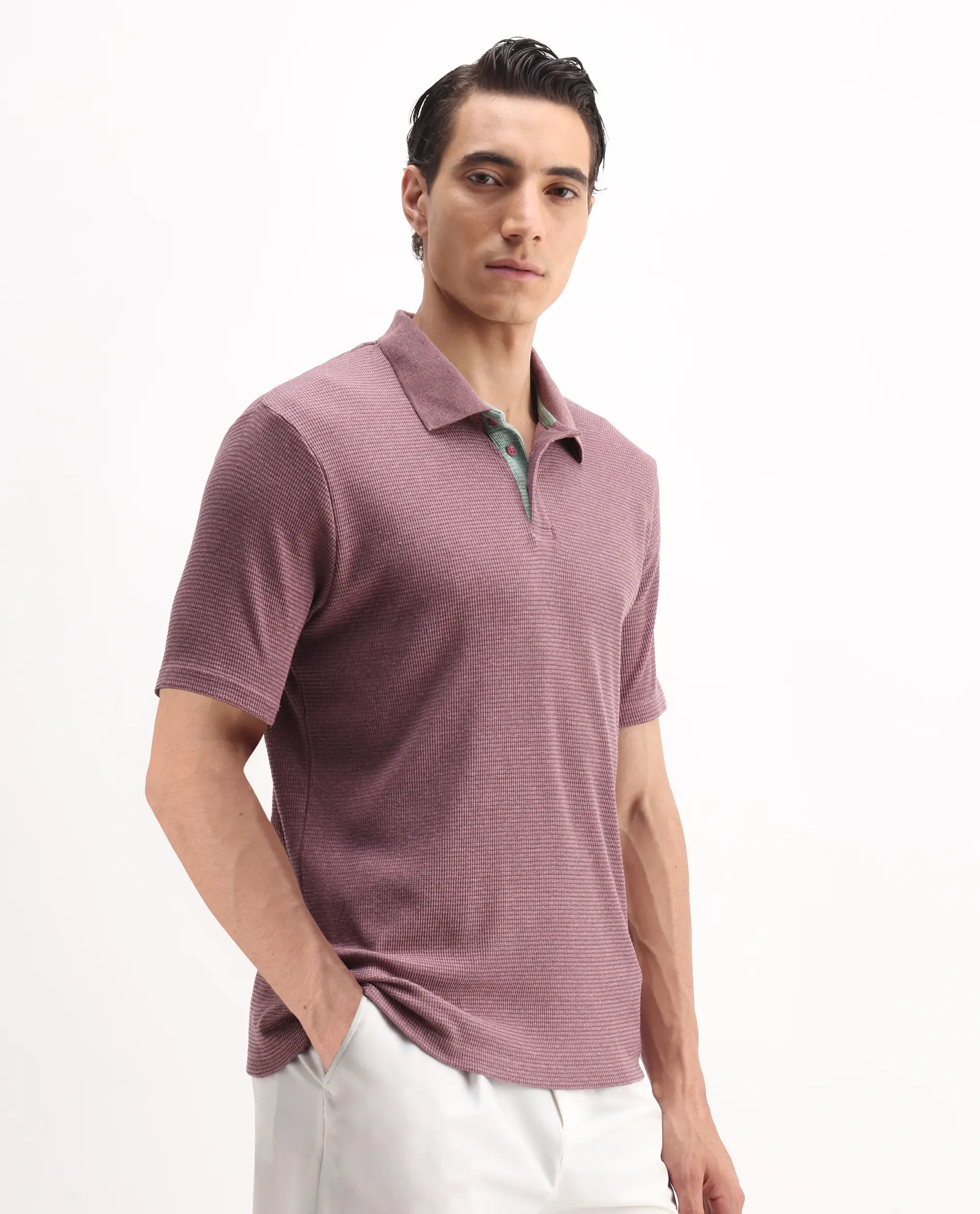 Rare Rabbit Men's Mello Dusky Pink Cotton Plain Regular Fit Half Sleeve Polo - Image 5