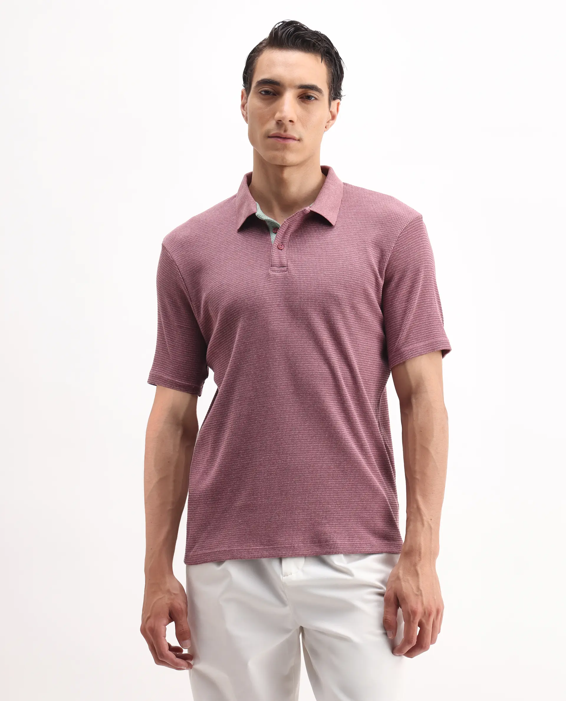 Rare Rabbit Men's Mello Dusky Pink Cotton Plain Regular Fit Half Sleeve Polo - Image 6