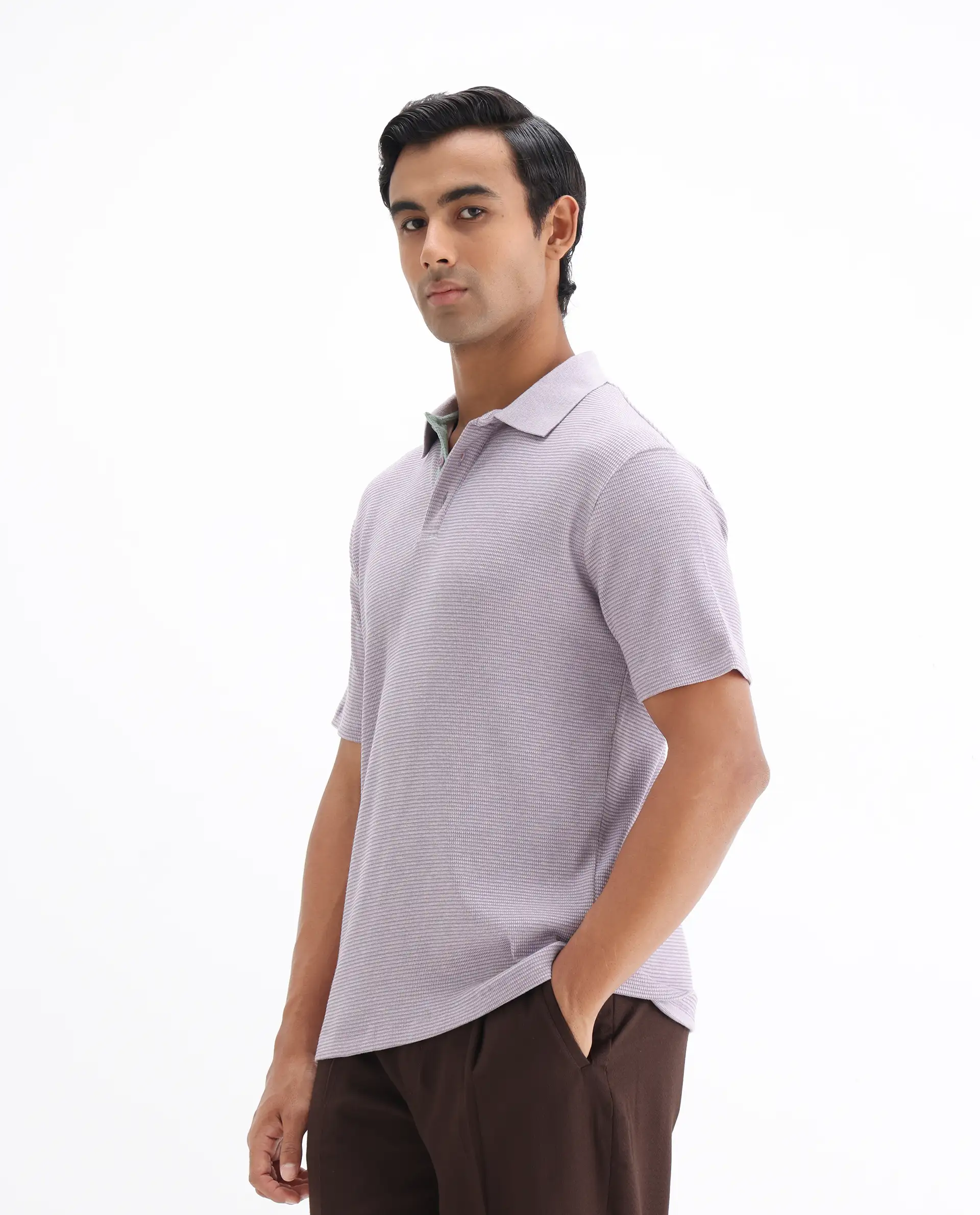 Rare Rabbit Men's Mello Dusky Purple Cotton Plain Regular Fit Half Sleeve Polo - Image 4