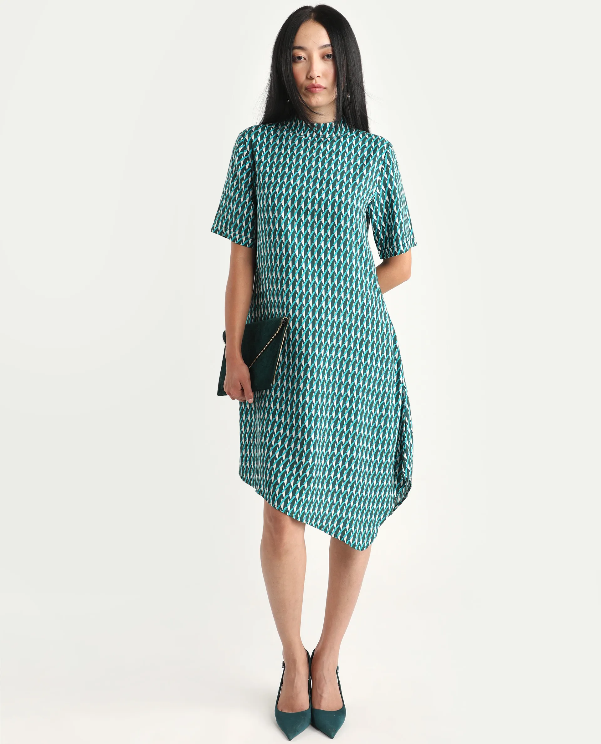 Rareism Women's Mello Blue Viscose High Neck Geometric Print Knee Length Regular Fit Dress - Image 2
