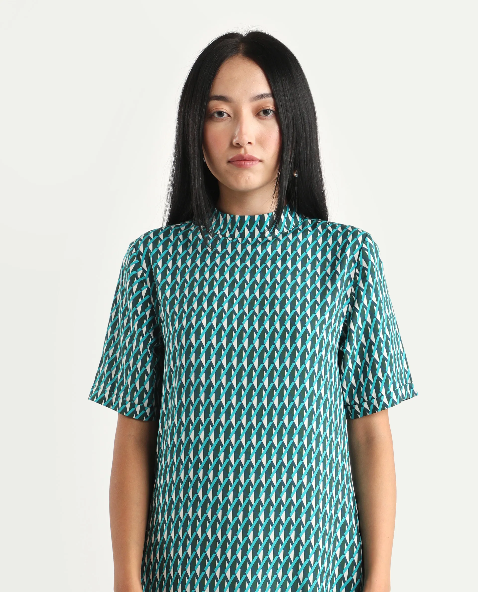 Rareism Women's Mello Blue Viscose High Neck Geometric Print Knee Length Regular Fit Dress - Image 3