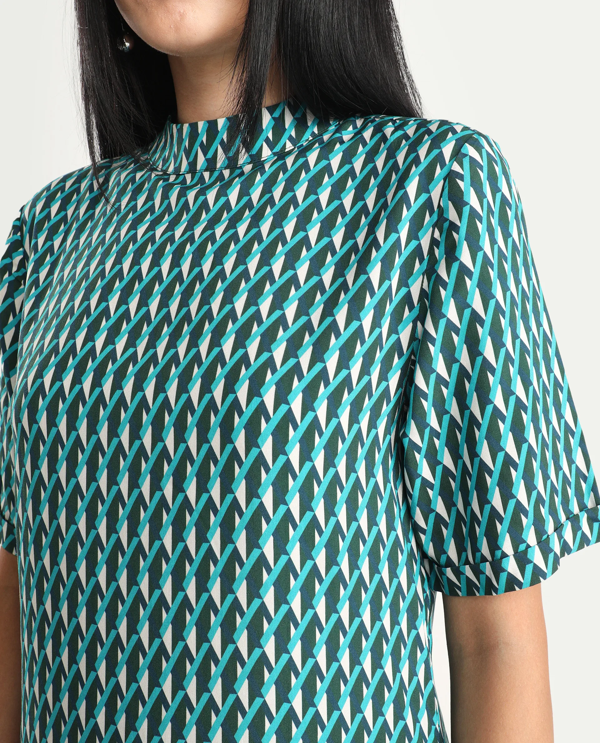 Rareism Women's Mello Blue Viscose High Neck Geometric Print Knee Length Regular Fit Dress - Image 4