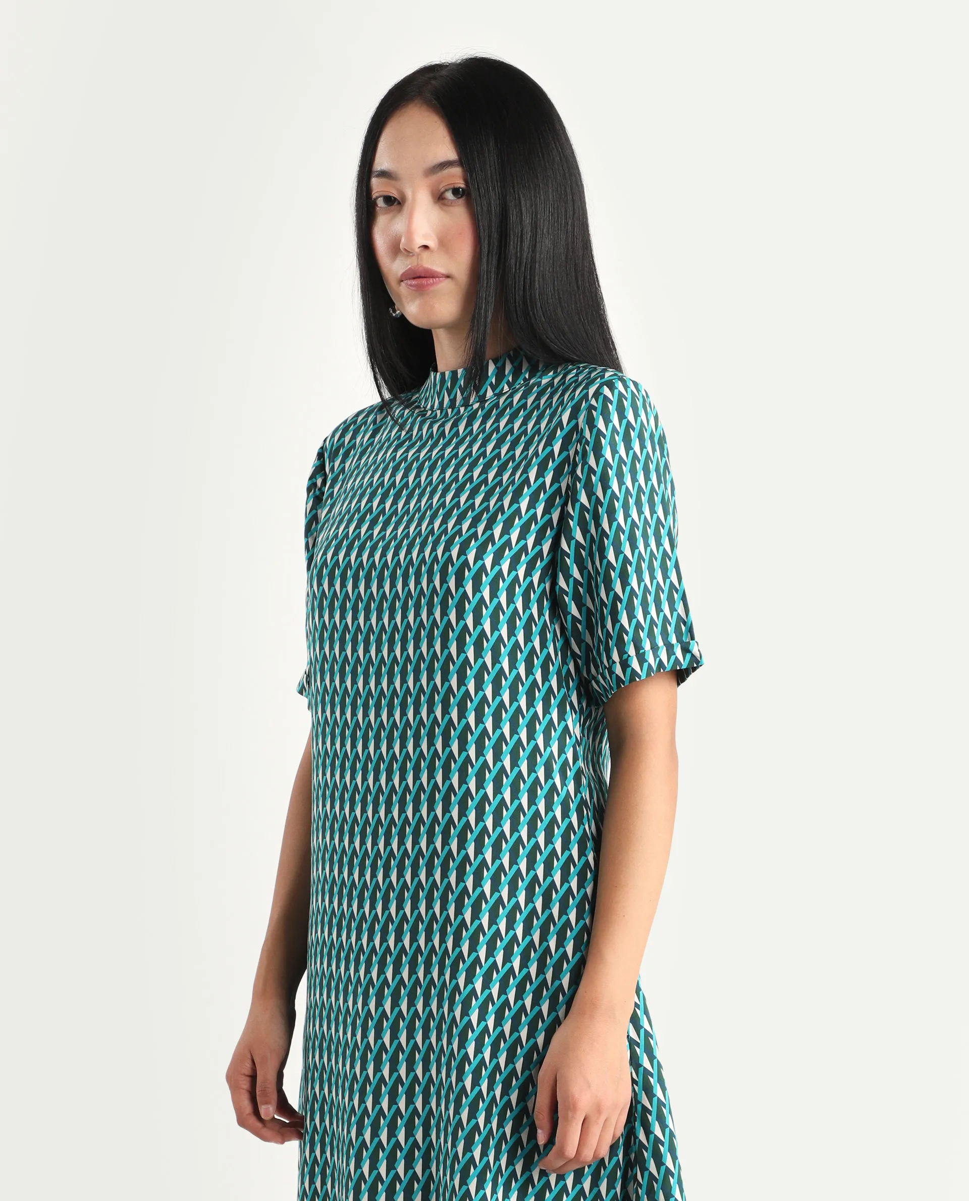 Rareism Women's Mello Blue Viscose High Neck Geometric Print Knee Length Regular Fit Dress - Image 5