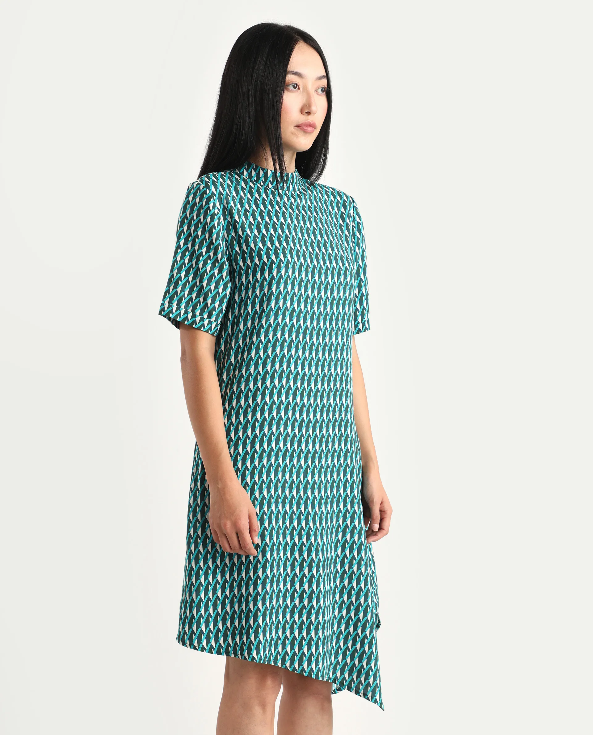 Rareism Women's Mello Blue Viscose High Neck Geometric Print Knee Length Regular Fit Dress - Image 6