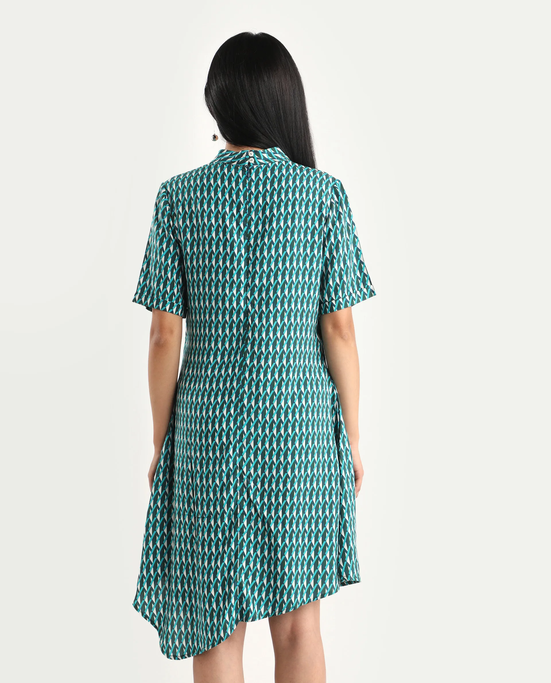 Rareism Women's Mello Blue Viscose High Neck Geometric Print Knee Length Regular Fit Dress - Image 7