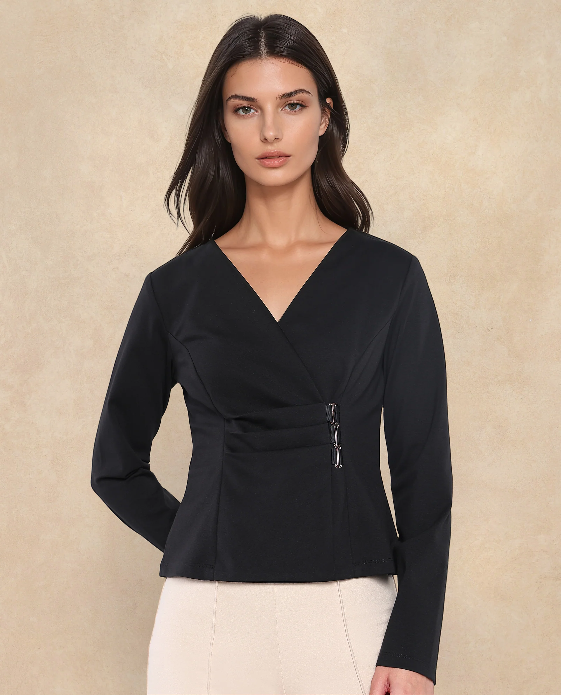 Rareism Women's Mellow Black Polyester Blend V-Neck Plain Regular Fit Top