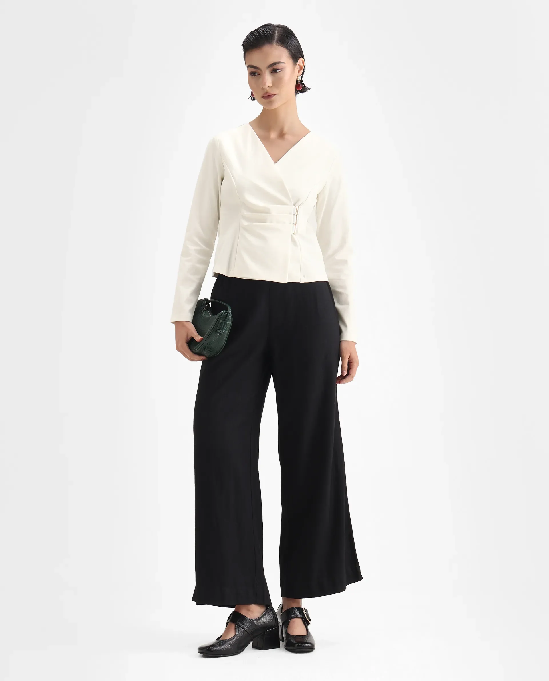 Rareism Women's Mellow White Polyester Blend V-Neck Plain Regular Fit Top - Image 2