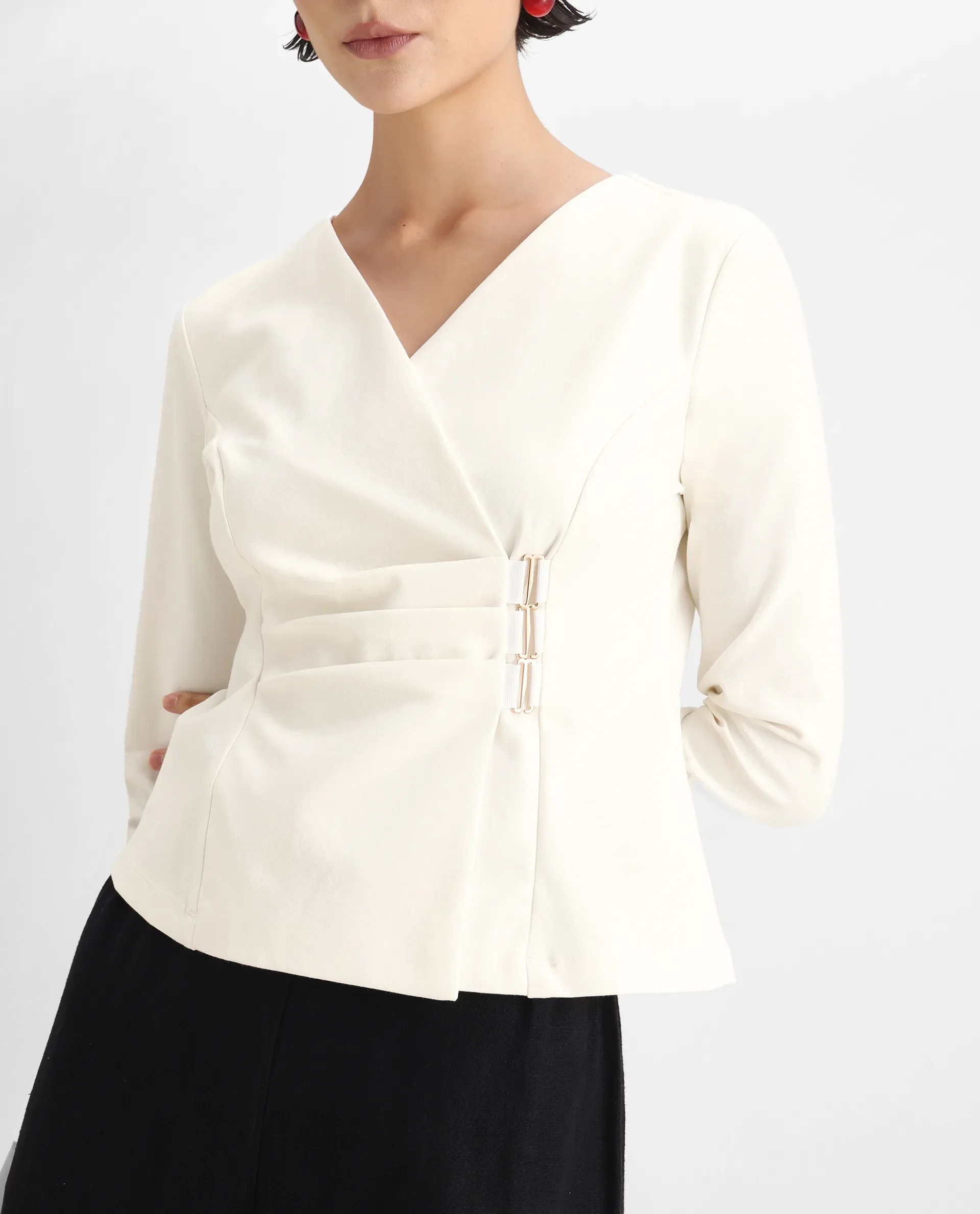 Rareism Women's Mellow White Polyester Blend V-Neck Plain Regular Fit Top - Image 4