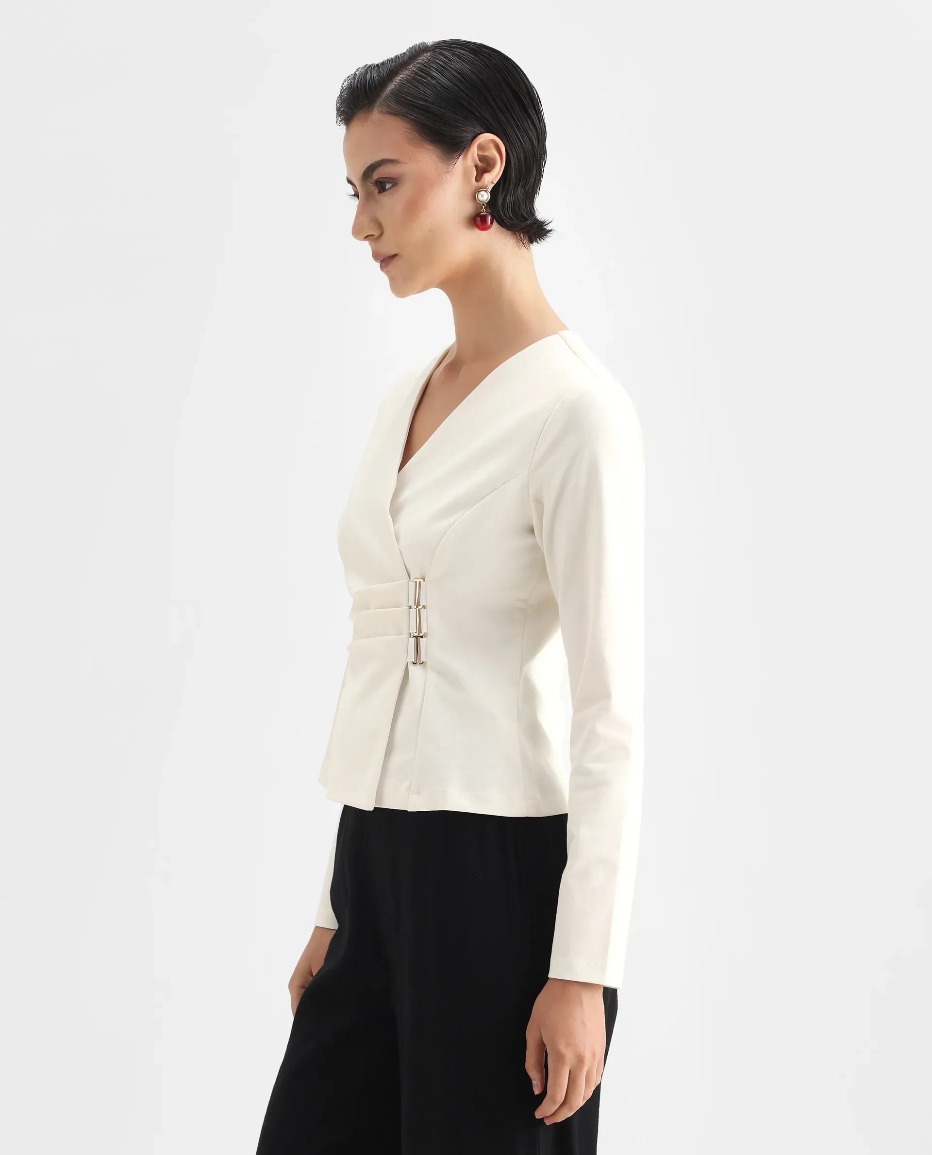 Rareism Women's Mellow White Polyester Blend V-Neck Plain Regular Fit Top - Image 5