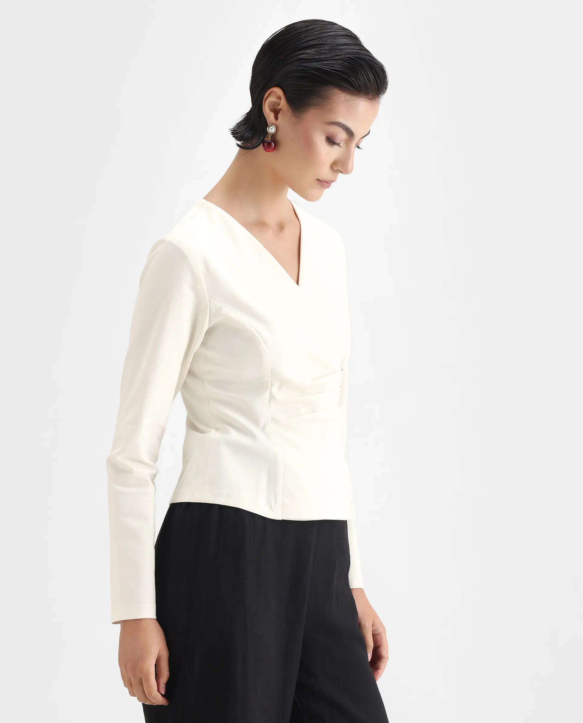 Rareism Women's Mellow White Polyester Blend V-Neck Plain Regular Fit Top - Image 6