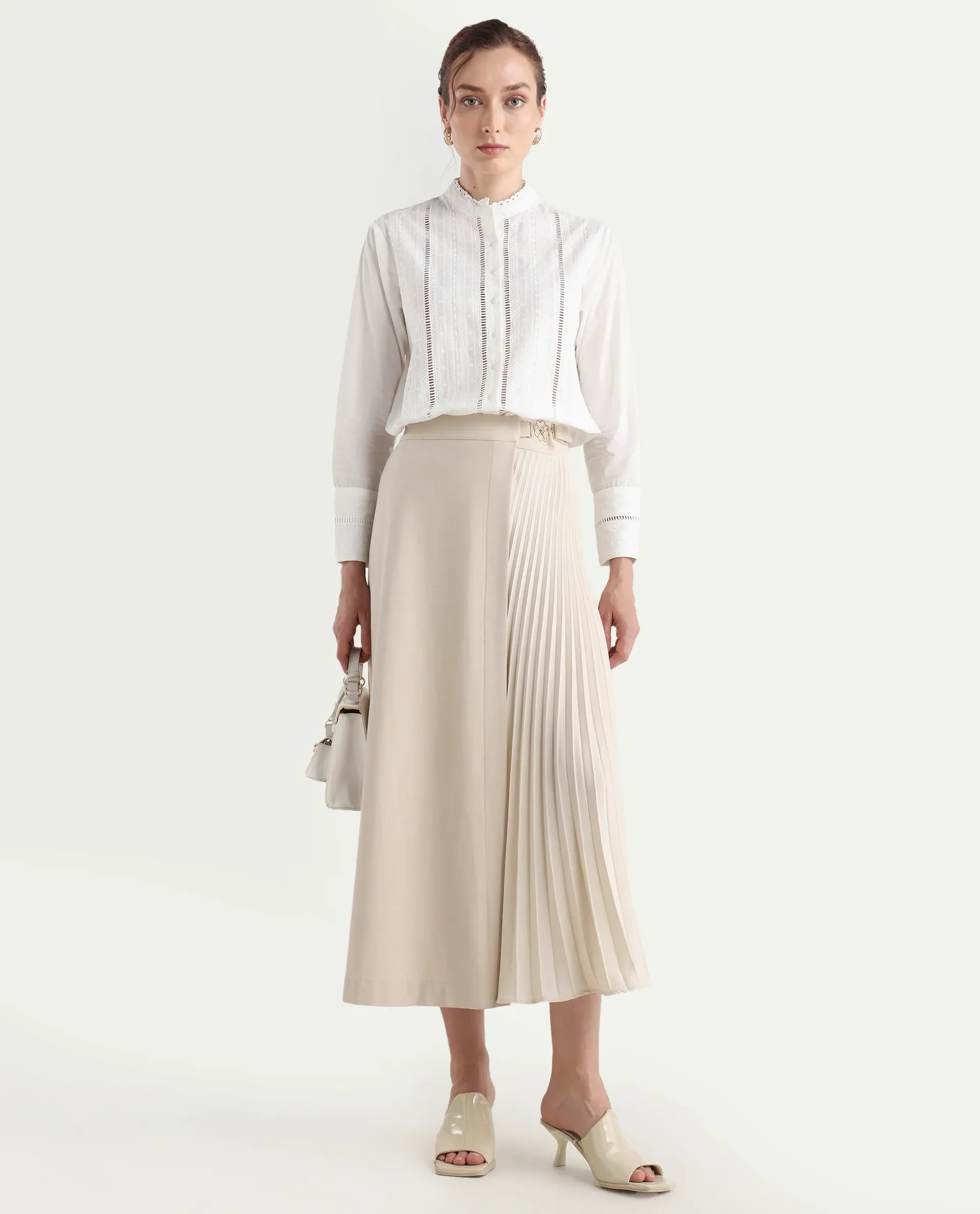 Rareism Women's Melloyo Off White Cotton Mandarin Collar Plain Cuffed Sleeve Regular Fit Top - Image 2
