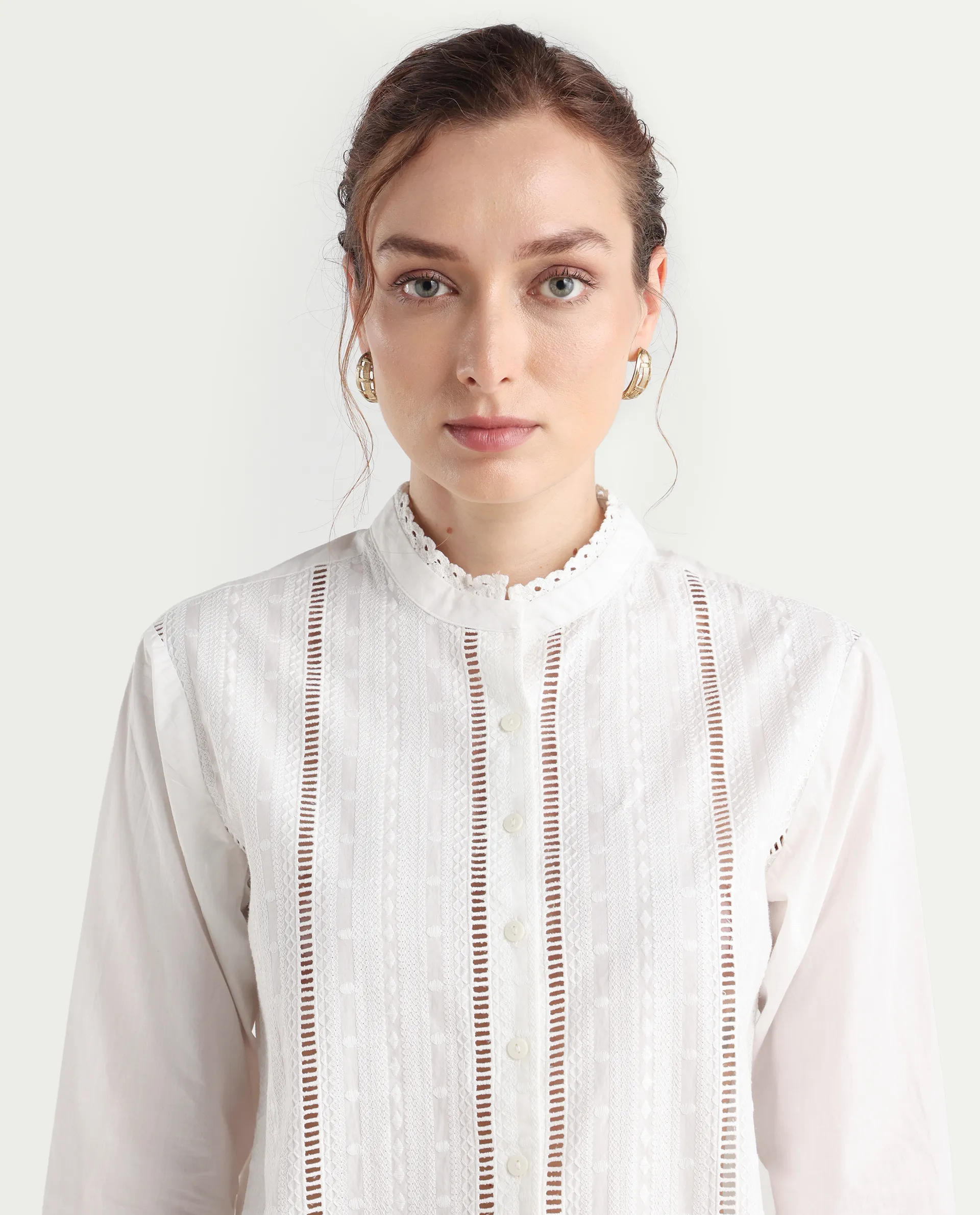Rareism Women's Melloyo Off White Cotton Mandarin Collar Plain Cuffed Sleeve Regular Fit Top - Image 4