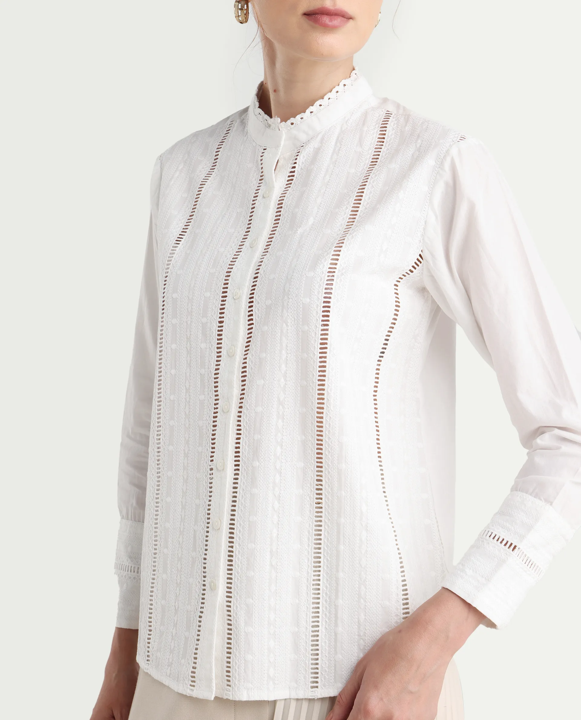 Rareism Women's Melloyo Off White Cotton Mandarin Collar Plain Cuffed Sleeve Regular Fit Top - Image 5