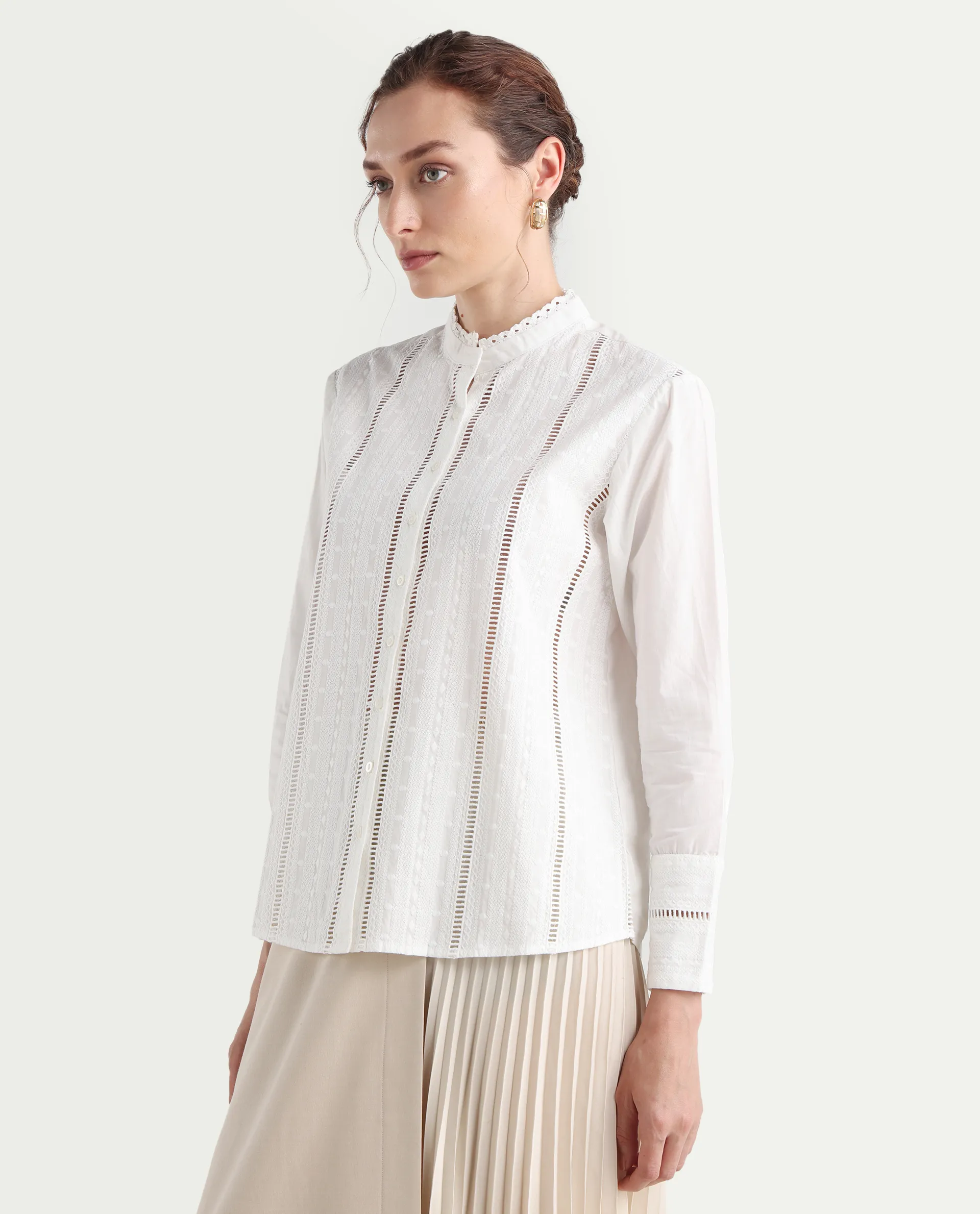 Rareism Women's Melloyo Off White Cotton Mandarin Collar Plain Cuffed Sleeve Regular Fit Top - Image 6