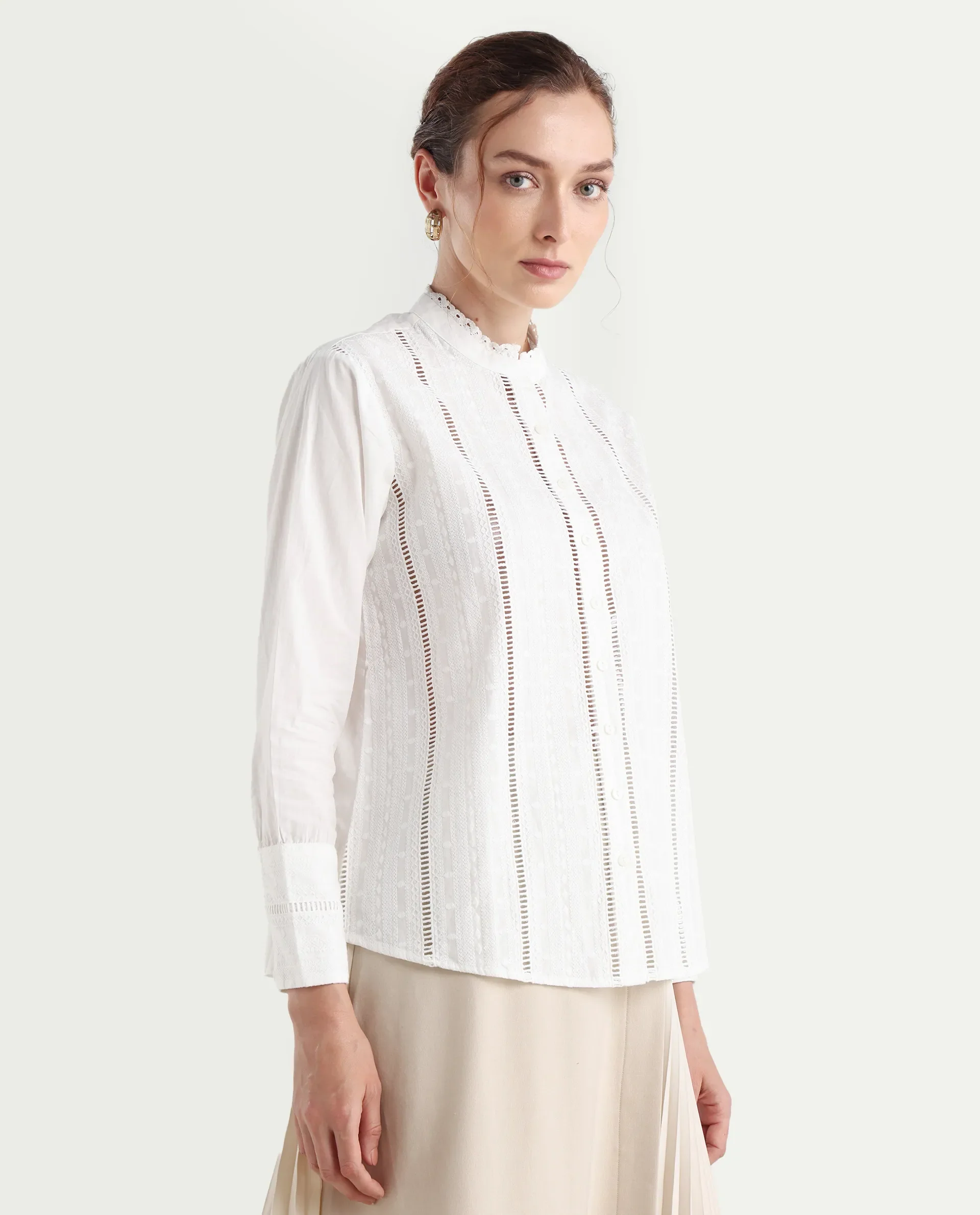Rareism Women's Melloyo Off White Cotton Mandarin Collar Plain Cuffed Sleeve Regular Fit Top - Image 7