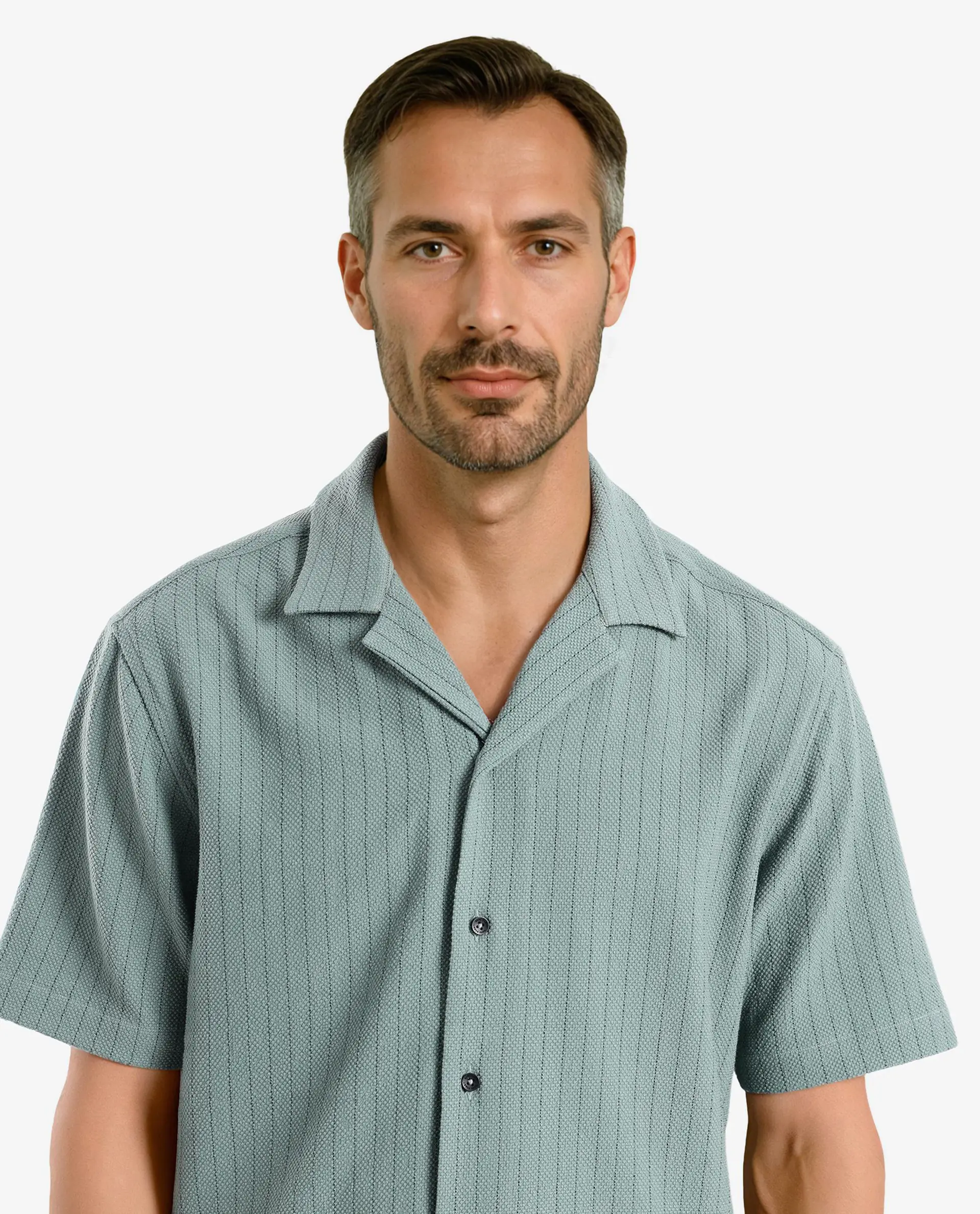 Rare Rabbit Men's Melon Dusky Green Striped Print Boxy Fit Half Sleeve Cuban Collar Shirt - Image 2