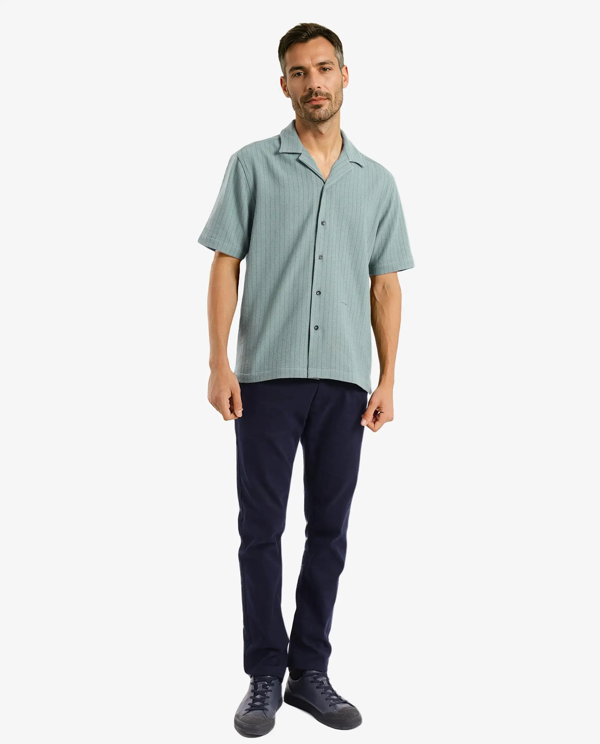 Rare Rabbit Men's Melon Dusky Green Striped Print Boxy Fit Half Sleeve Cuban Collar Shirt - Image 3