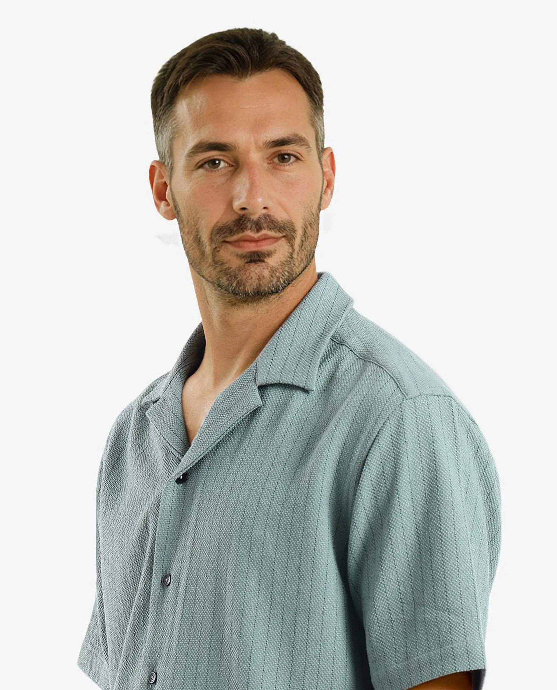 Rare Rabbit Men's Melon Dusky Green Striped Print Boxy Fit Half Sleeve Cuban Collar Shirt - Image 6