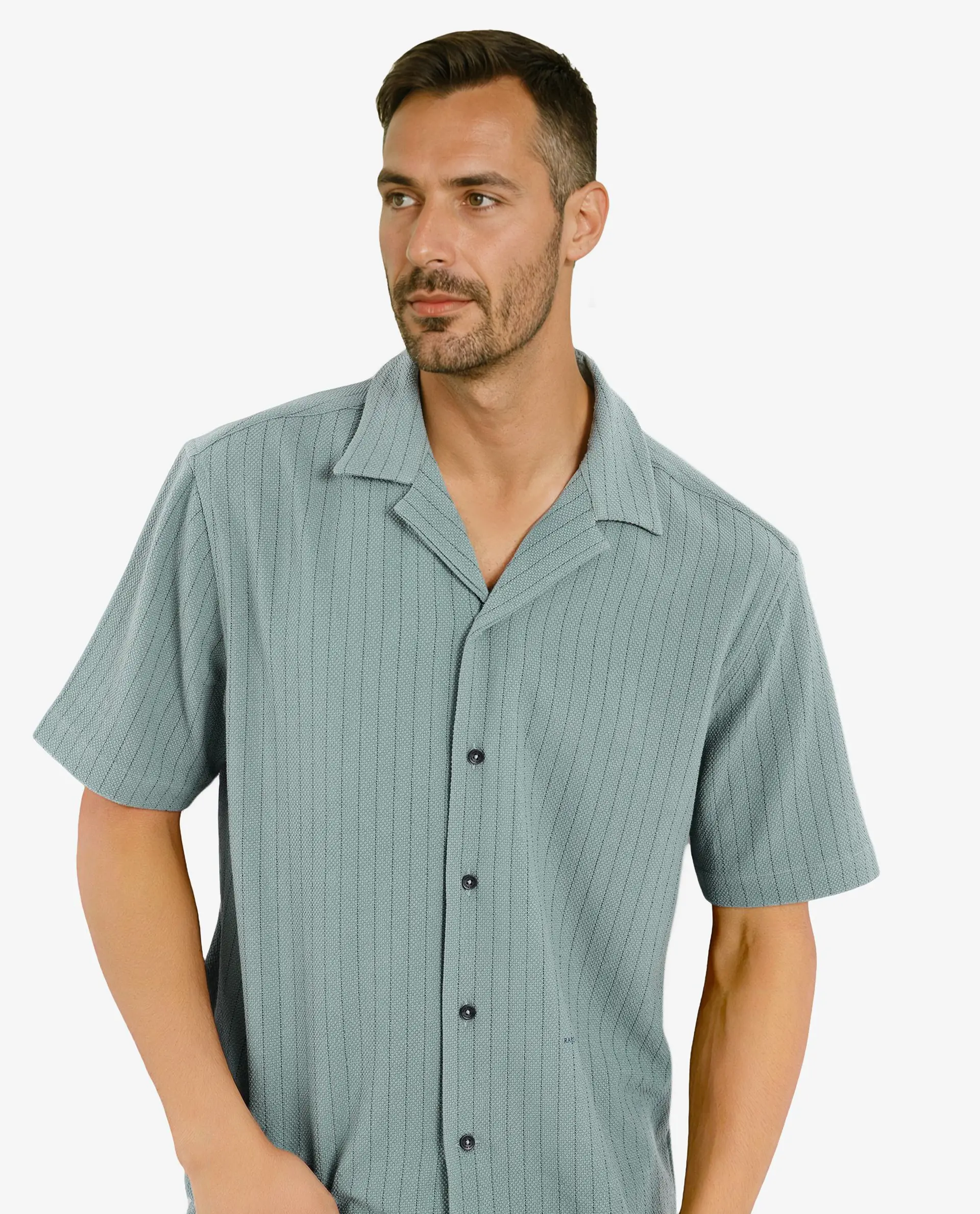 Rare Rabbit Men's Melon Dusky Green Striped Print Boxy Fit Half Sleeve Cuban Collar Shirt - Image 7