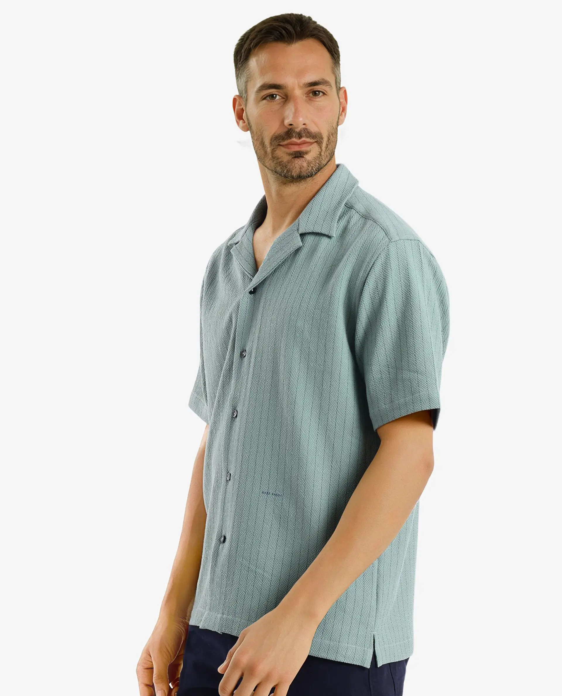 Rare Rabbit Men's Melon Dusky Green Striped Print Boxy Fit Half Sleeve Cuban Collar Shirt - Image 8