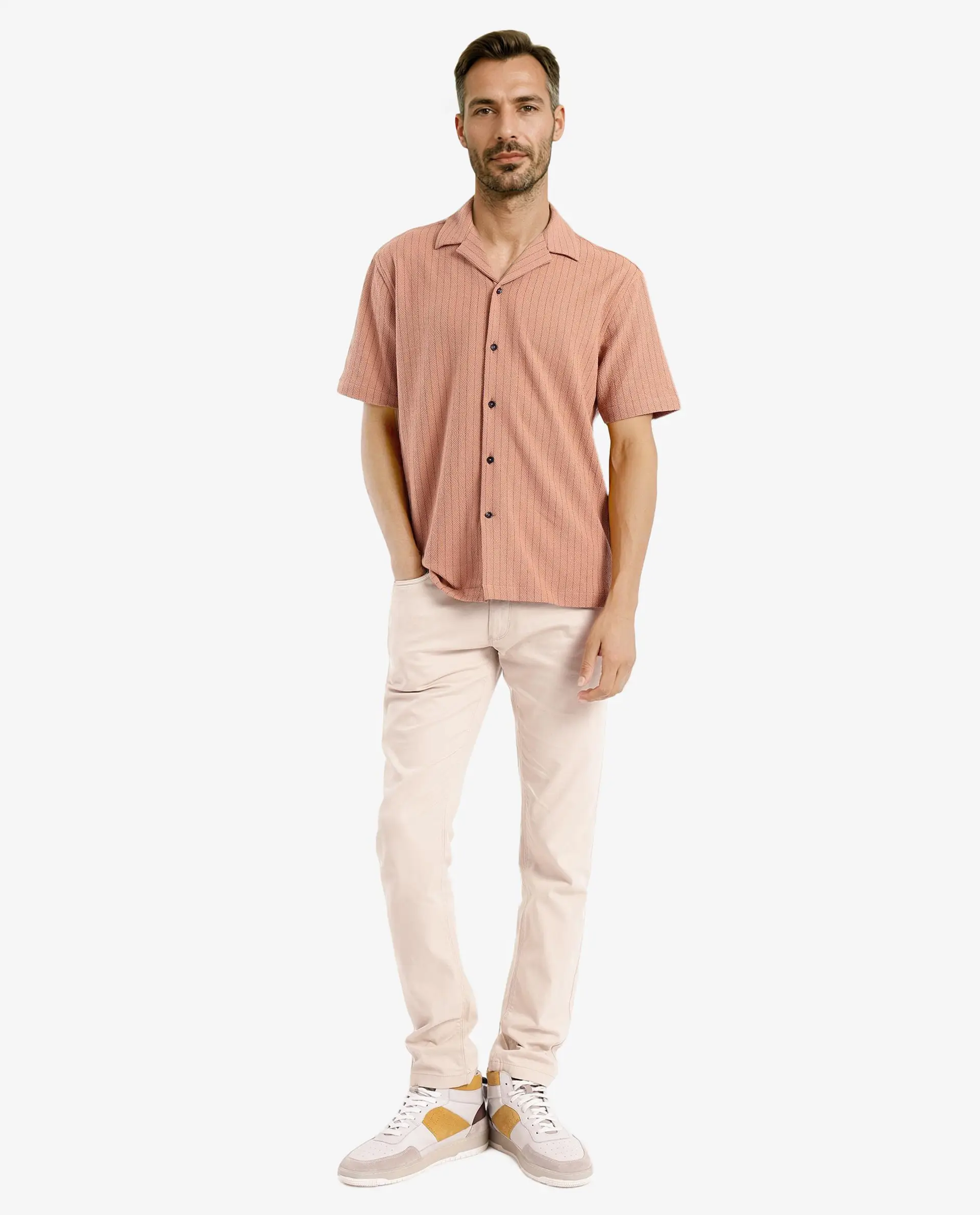 Rare Rabbit Men's Melon Dusky Orange Polyester Blend Plain Boxy Fit Half Sleeve Cuban Collar Shirt - Image 2