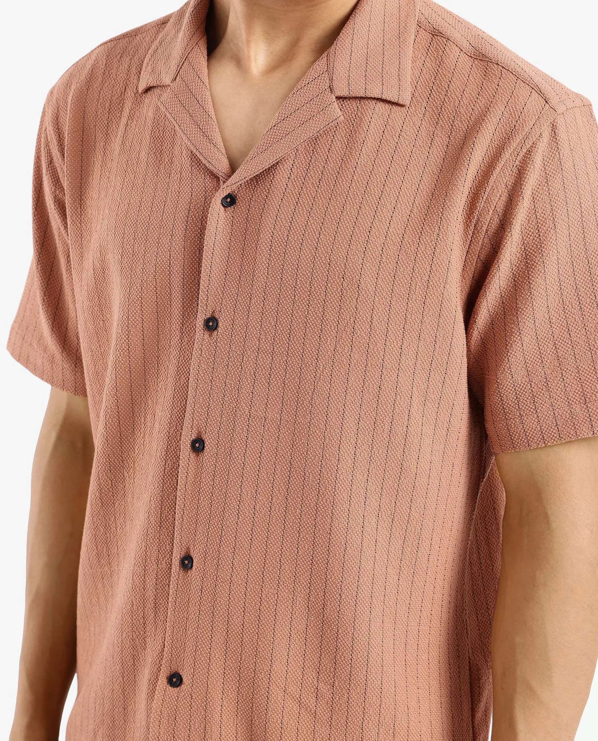Rare Rabbit Men's Melon Dusky Orange Polyester Blend Plain Boxy Fit Half Sleeve Cuban Collar Shirt - Image 3