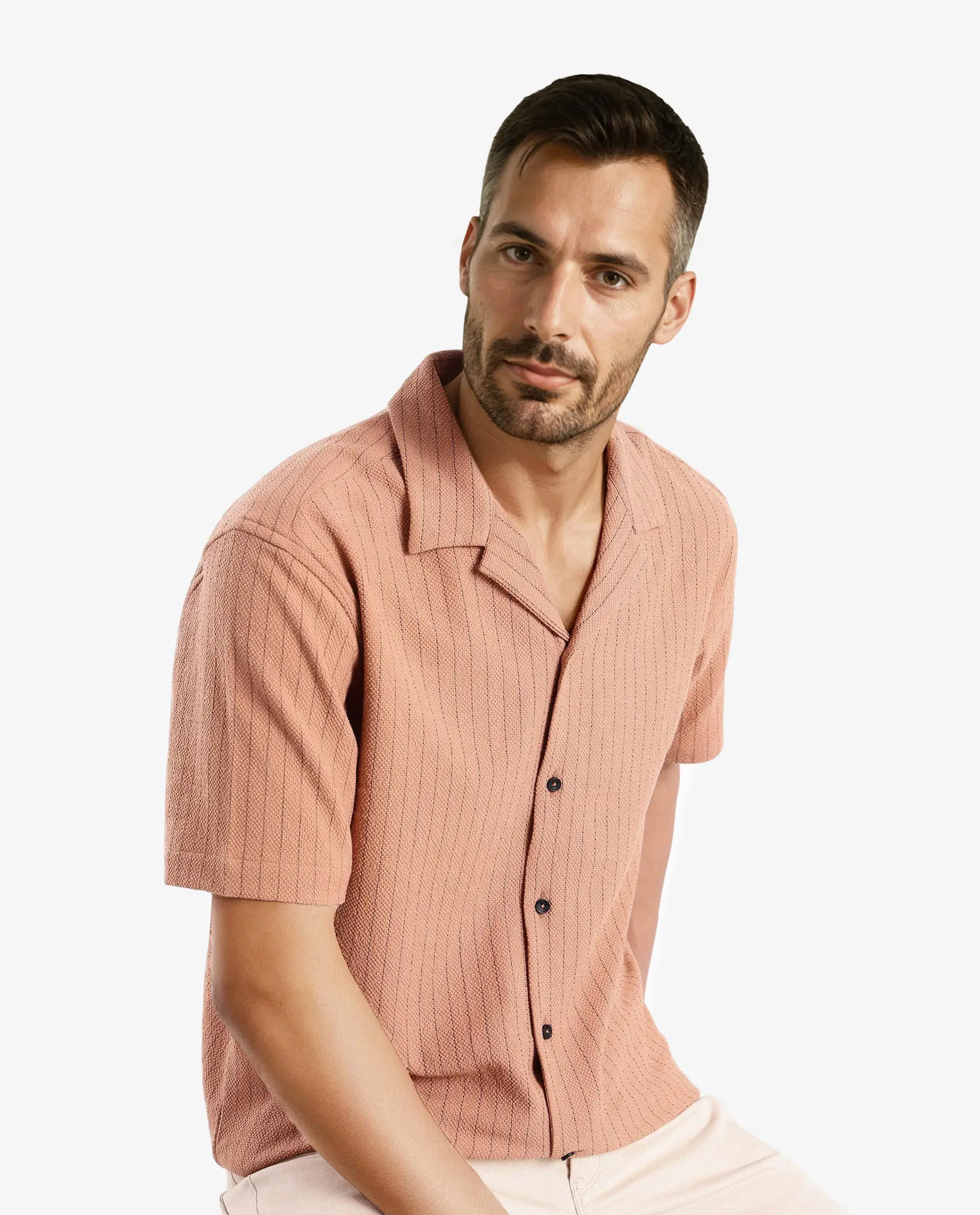 Rare Rabbit Men's Melon Dusky Orange Polyester Blend Plain Boxy Fit Half Sleeve Cuban Collar Shirt - Image 6