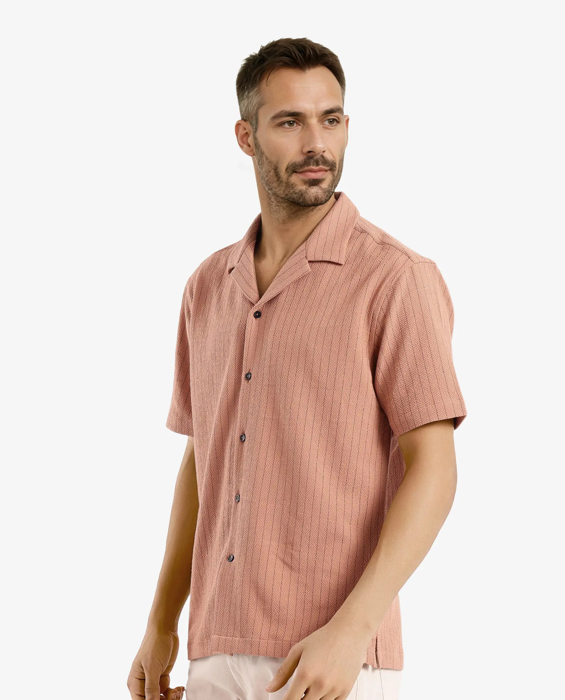 Rare Rabbit Men's Melon Dusky Orange Polyester Blend Plain Boxy Fit Half Sleeve Cuban Collar Shirt - Image 7