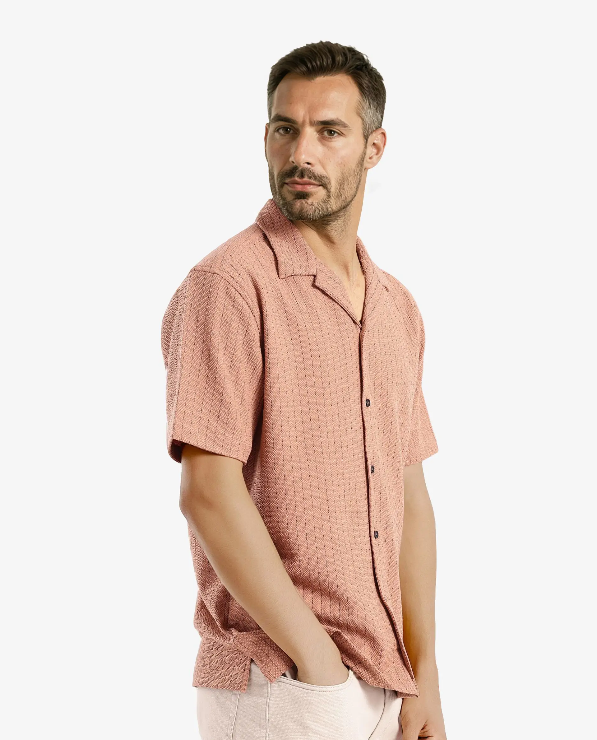 Rare Rabbit Men's Melon Dusky Orange Polyester Blend Plain Boxy Fit Half Sleeve Cuban Collar Shirt - Image 8