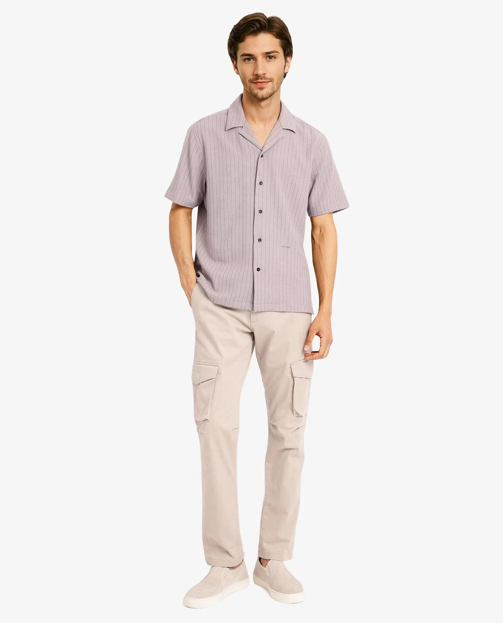 Rare Rabbit Men's Melon Dusky Purple Cotton Striped Print Boxy Fit Half Sleeve Cuban Collar Shirt - Image 2