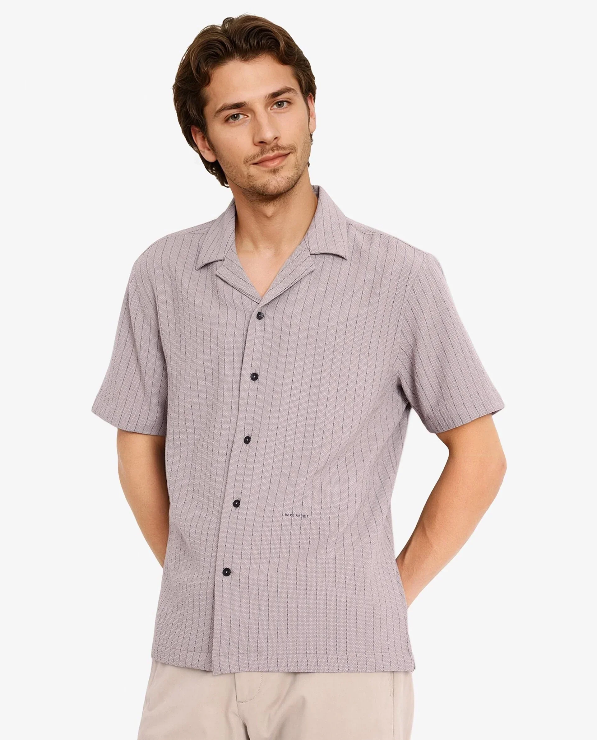 Rare Rabbit Men's Melon Dusky Purple Cotton Striped Print Boxy Fit Half Sleeve Cuban Collar Shirt - Image 5