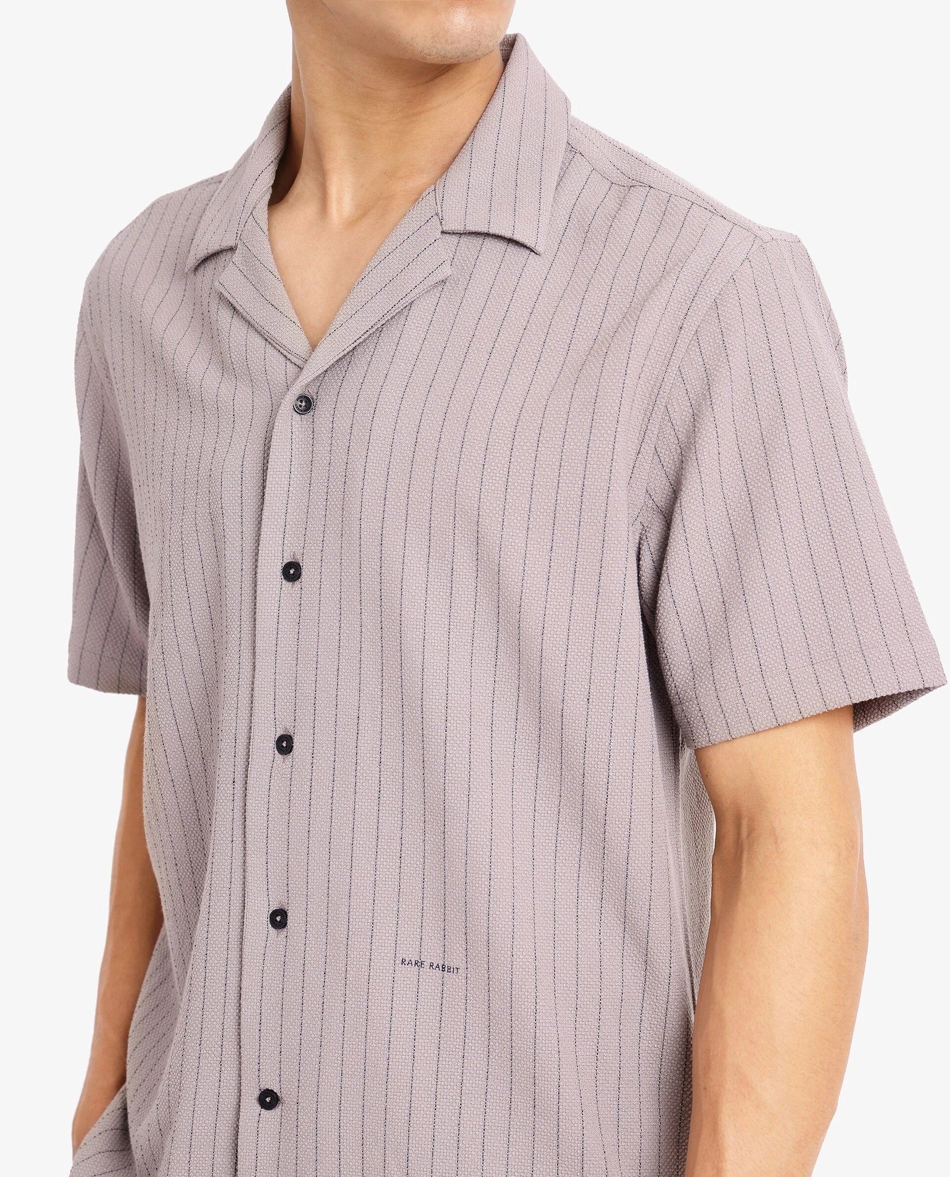 Rare Rabbit Men's Melon Dusky Purple Cotton Striped Print Boxy Fit Half Sleeve Cuban Collar Shirt - Image 6