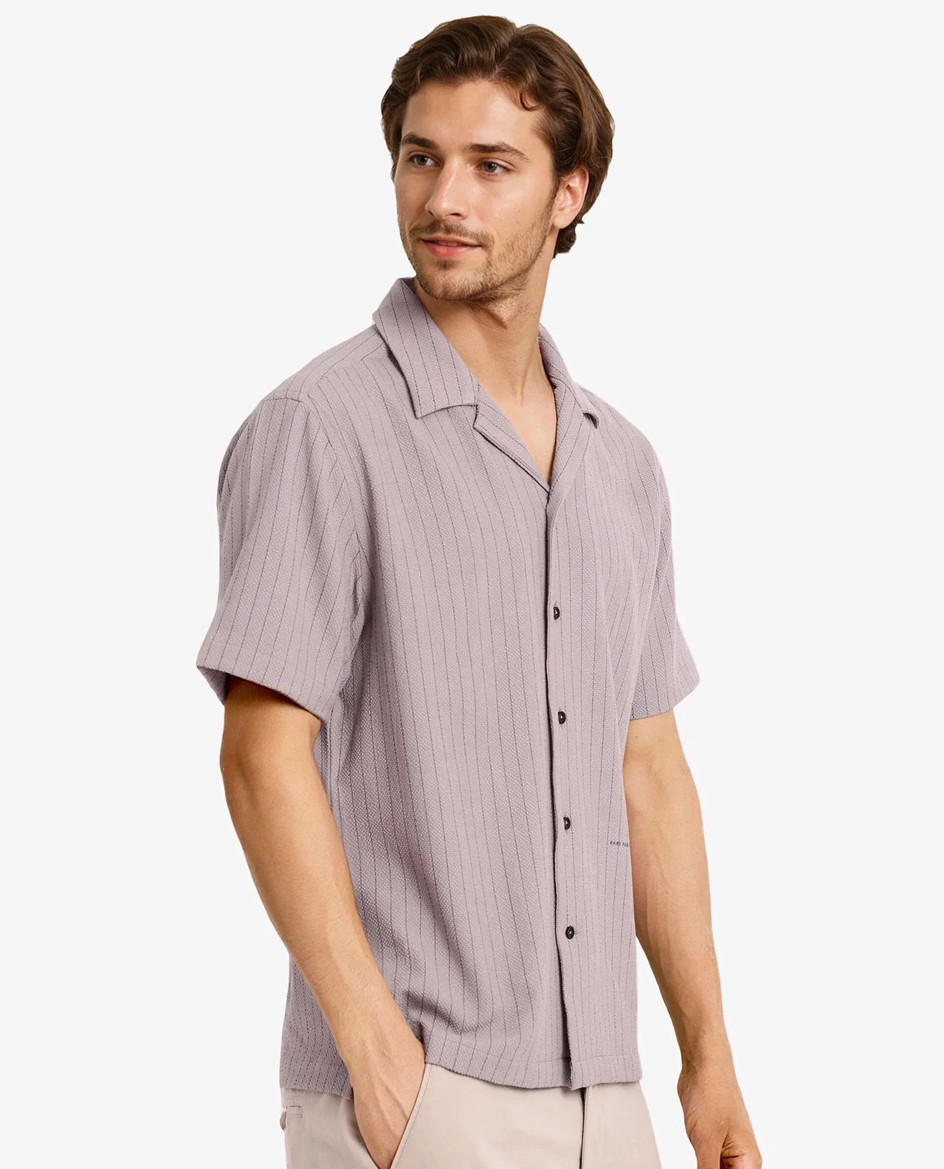 Rare Rabbit Men's Melon Dusky Purple Cotton Striped Print Boxy Fit Half Sleeve Cuban Collar Shirt - Image 7