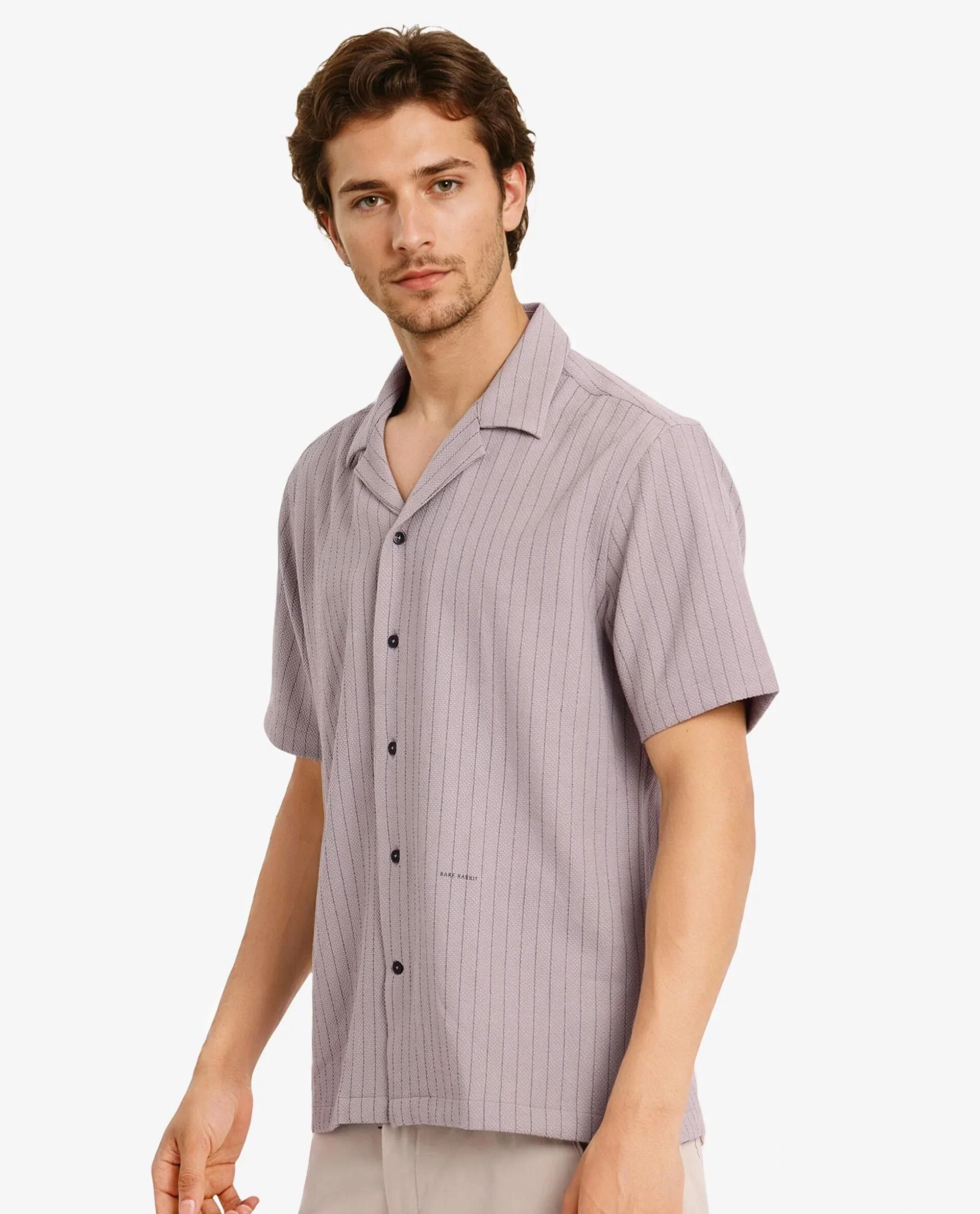 Rare Rabbit Men's Melon Dusky Purple Cotton Striped Print Boxy Fit Half Sleeve Cuban Collar Shirt - Image 8