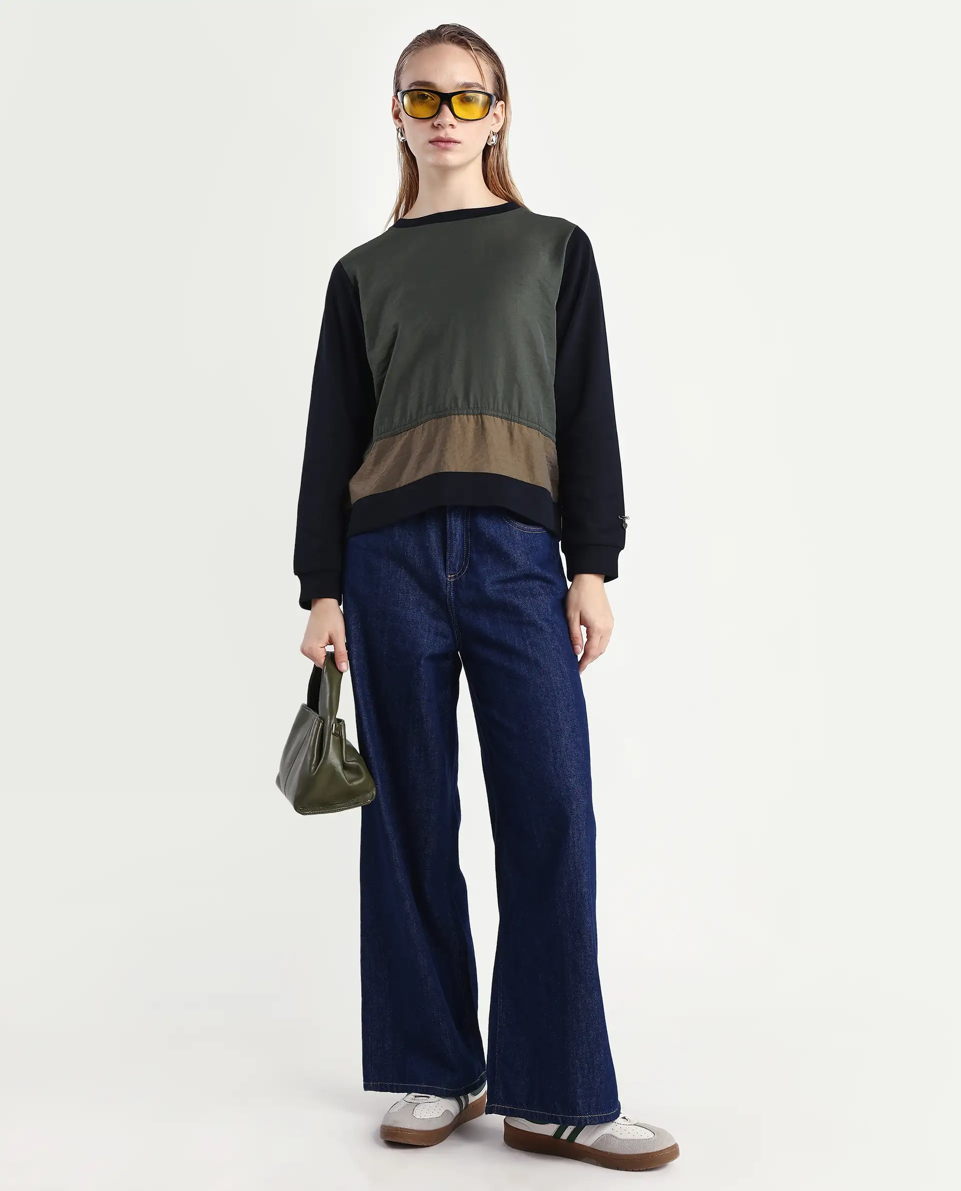 Rareism Women's Melone Dark Olive Cotton Blend Crew Neck Plain Relaxed Fit Sweatshirt - Image 2