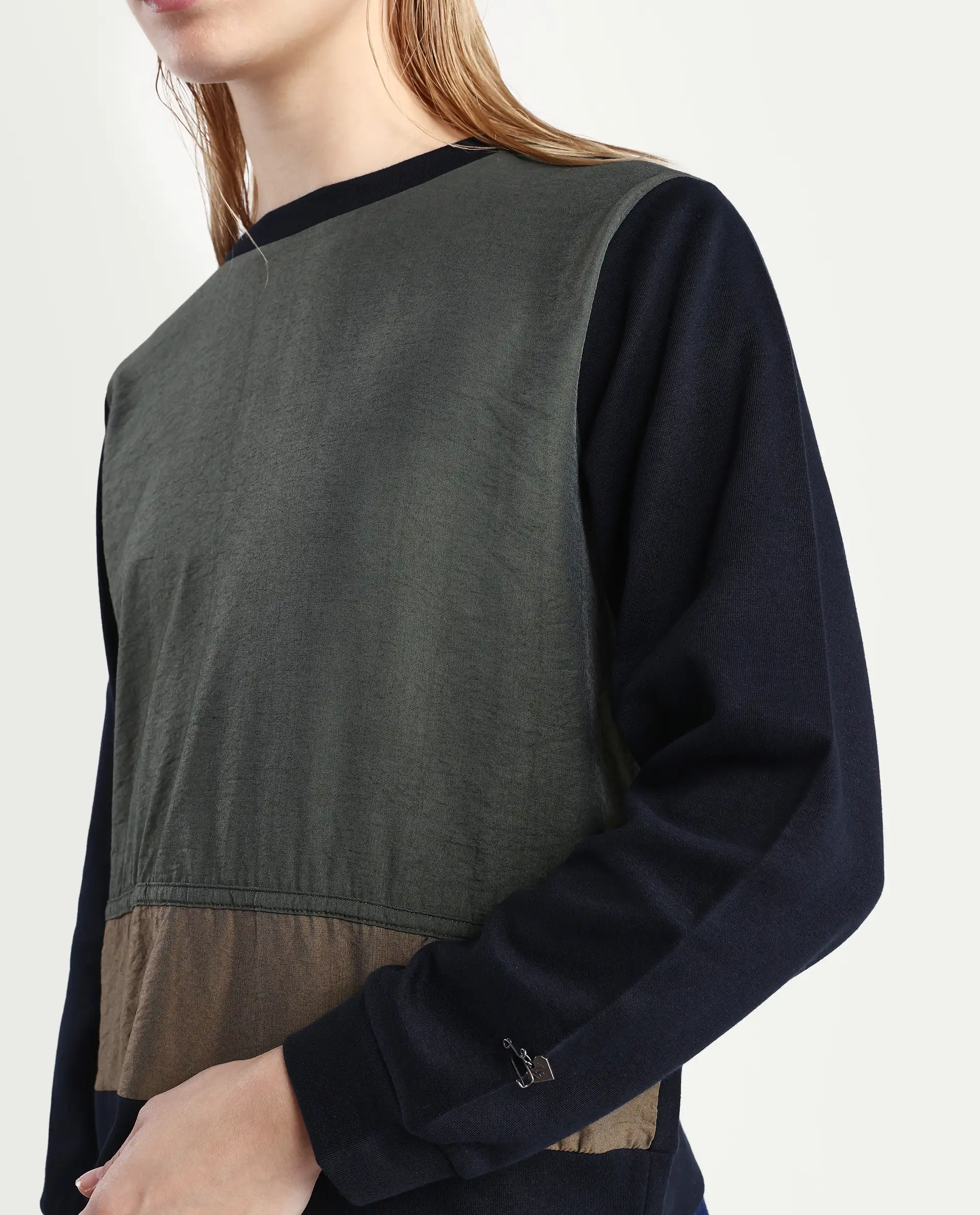 Rareism Women's Melone Dark Olive Cotton Blend Crew Neck Plain Relaxed Fit Sweatshirt - Image 4