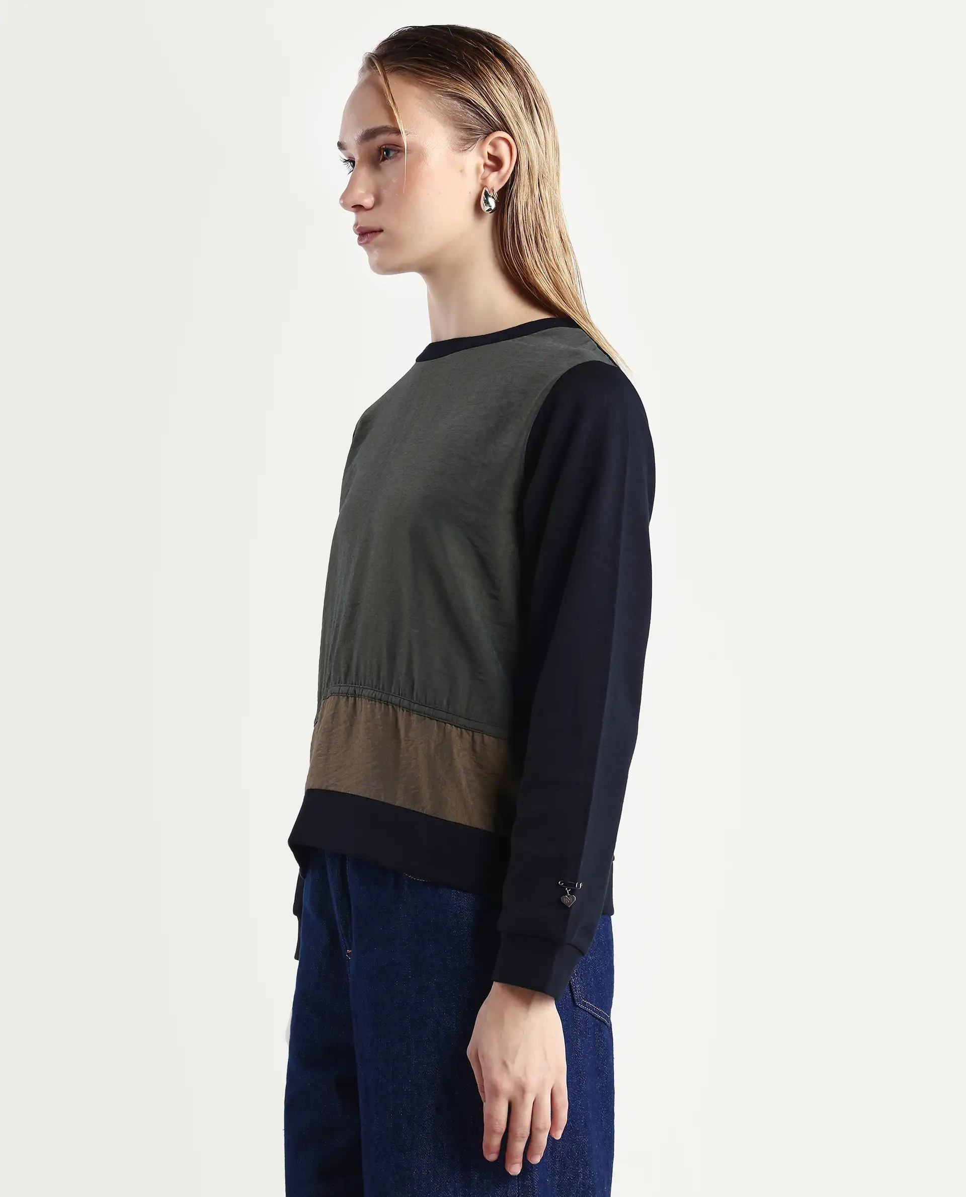 Rareism Women's Melone Dark Olive Cotton Blend Crew Neck Plain Relaxed Fit Sweatshirt - Image 5