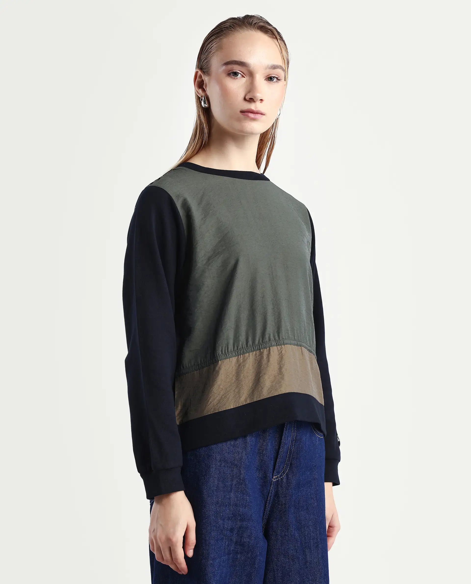 Rareism Women's Melone Dark Olive Cotton Blend Crew Neck Plain Relaxed Fit Sweatshirt - Image 6