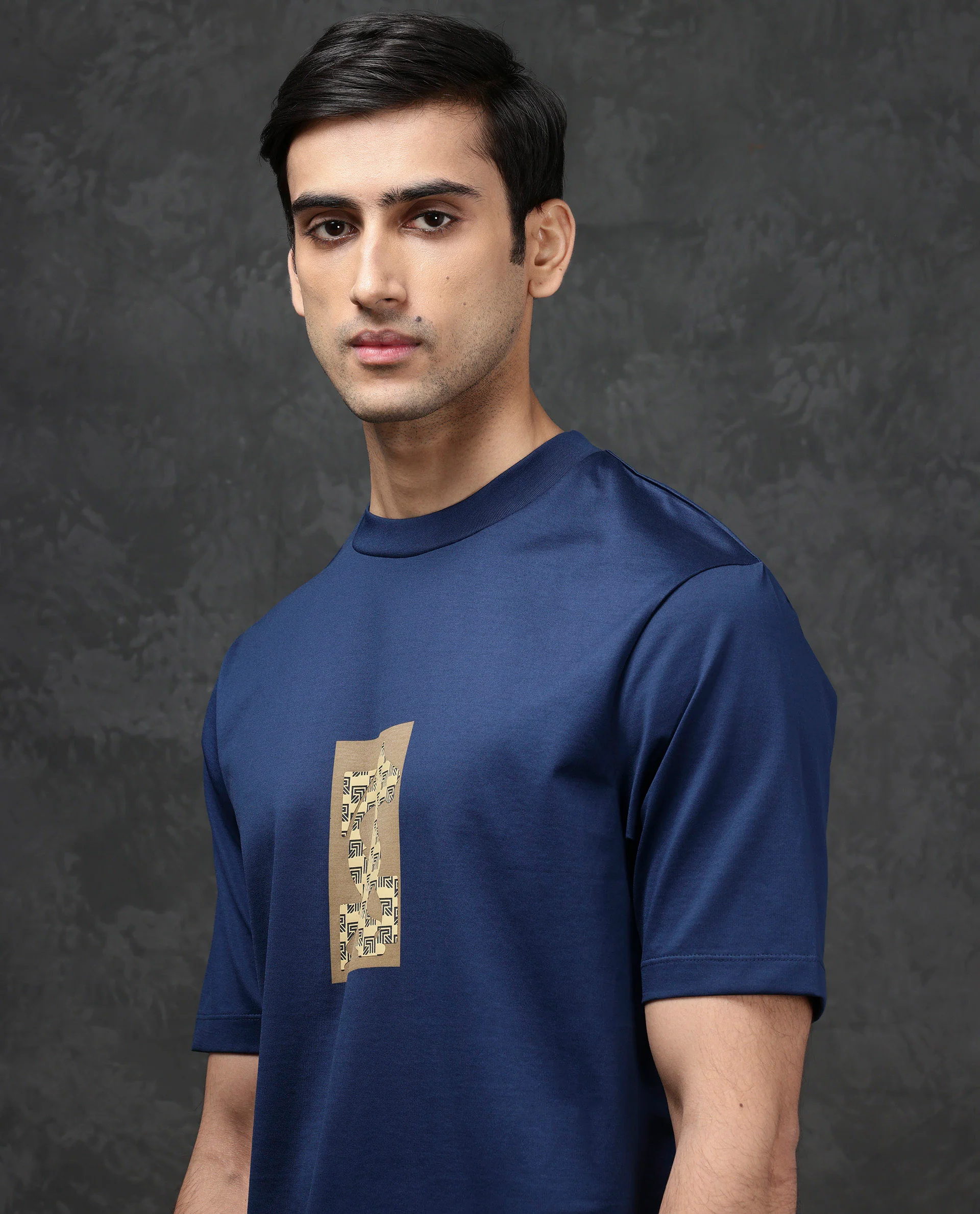 Rare Rabbit Men's Melor Dark Blue Cotton Blend Graphic Print Oversized Fit Half Sleeve Crew Neck T-Shirt - Image 2