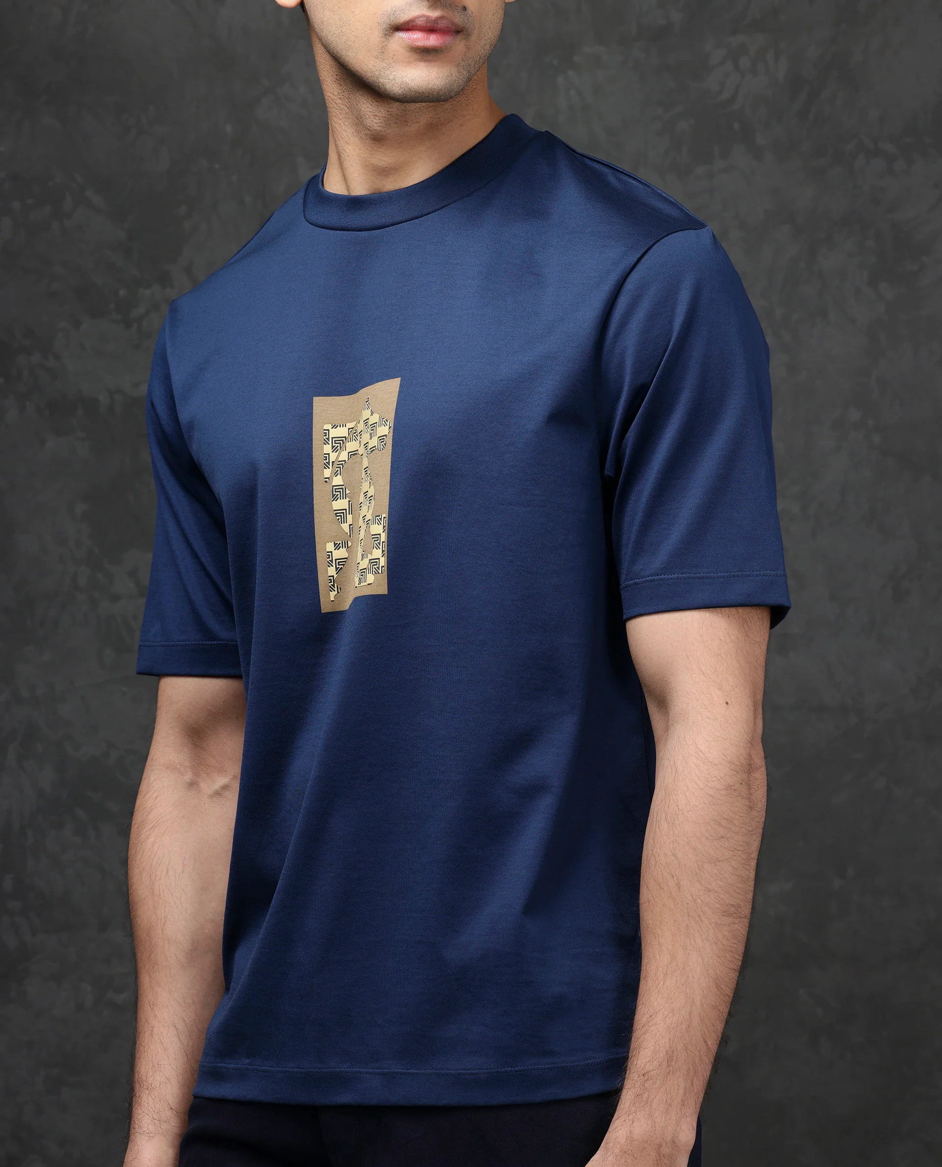 Rare Rabbit Men's Melor Dark Blue Cotton Blend Graphic Print Oversized Fit Half Sleeve Crew Neck T-Shirt - Image 6