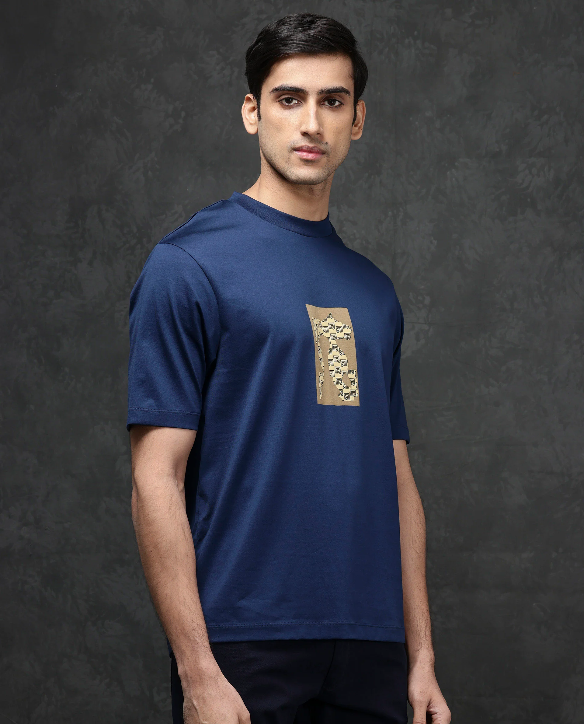 Rare Rabbit Men's Melor Dark Blue Cotton Blend Graphic Print Oversized Fit Half Sleeve Crew Neck T-Shirt - Image 8