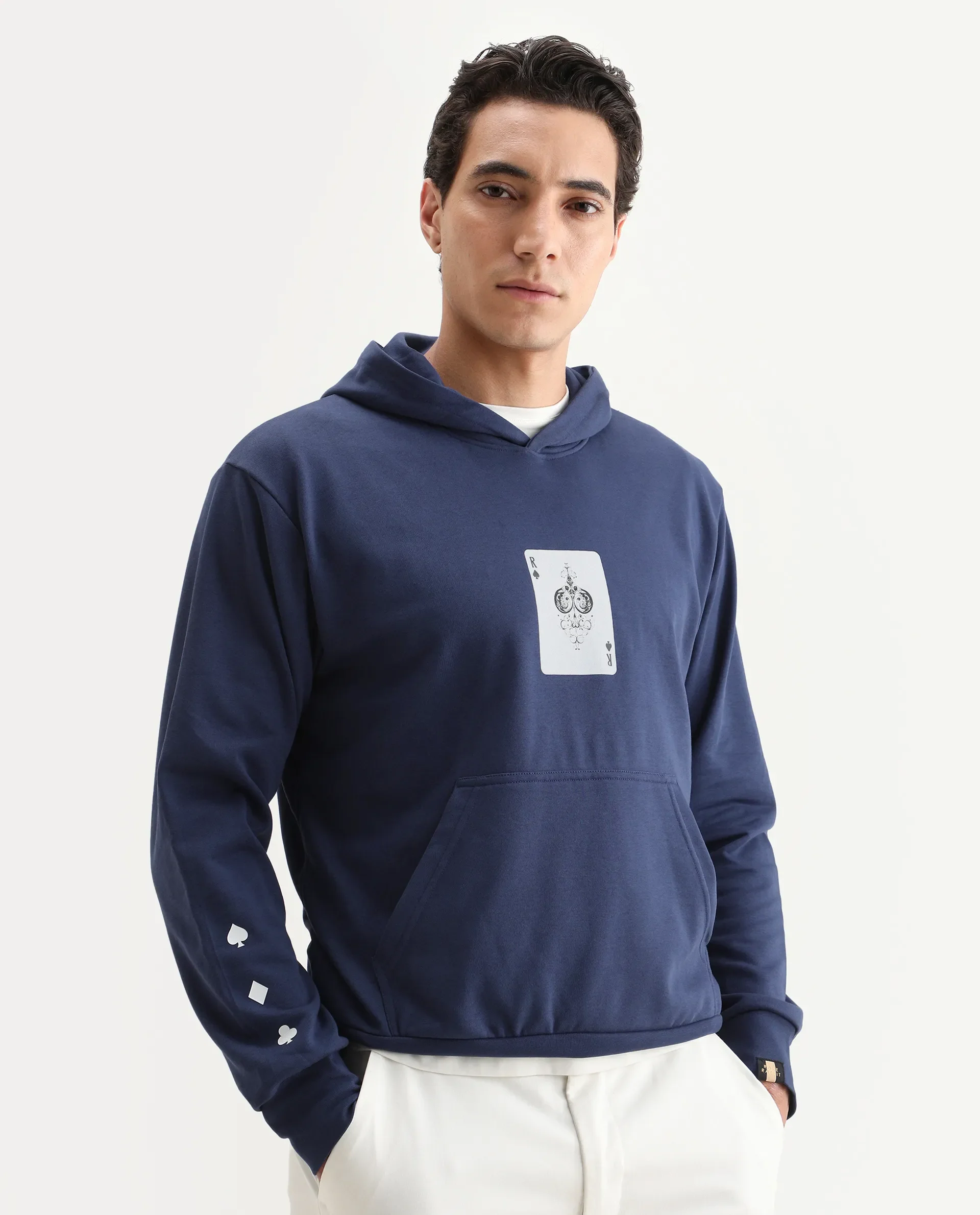 Rare Rabbit Men's Meloro Navy Cotton Blend Graphic Print Regular Fit Full Sleeve Hooded Sweatshirt