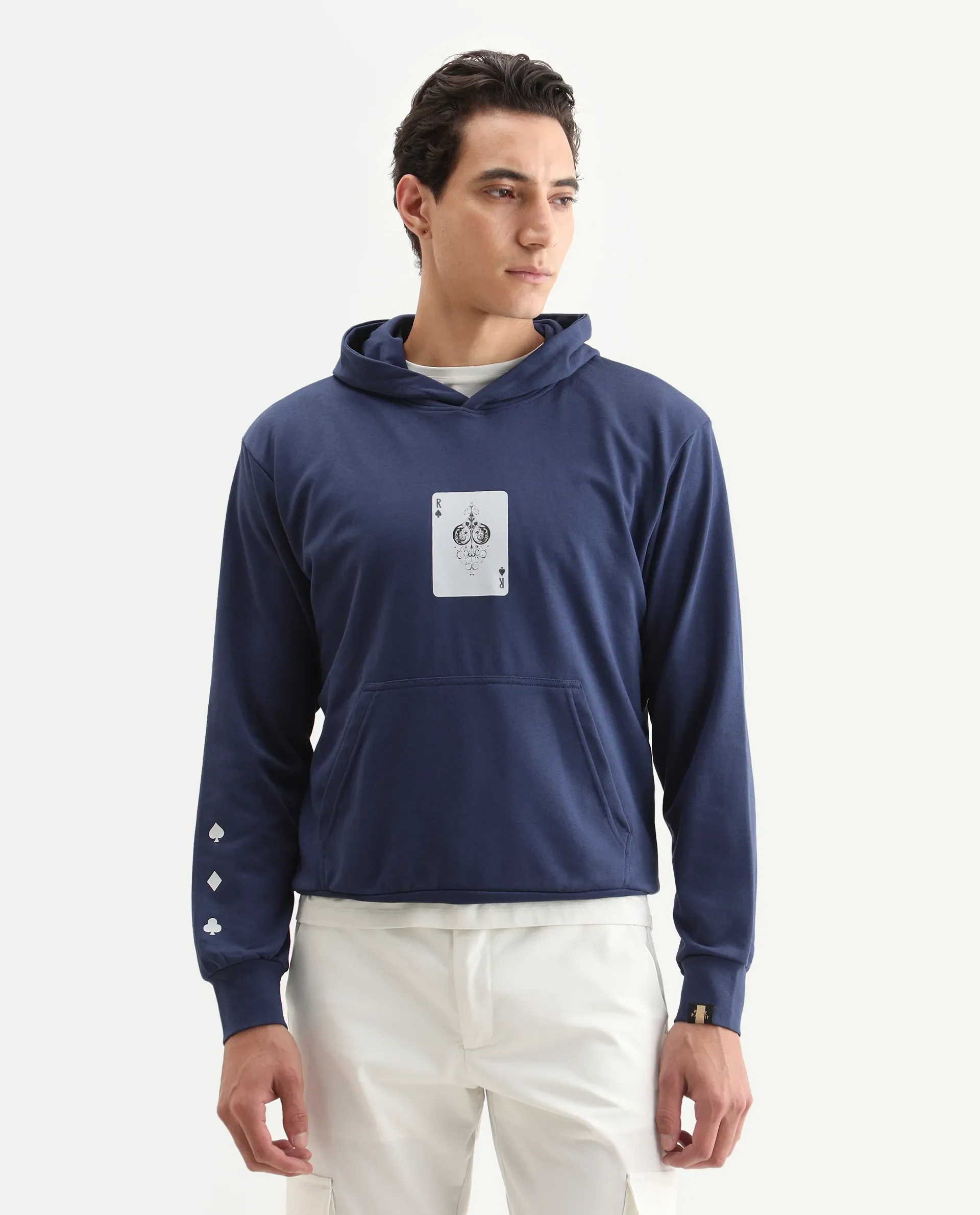 Rare Rabbit Men's Meloro Navy Cotton Blend Graphic Print Regular Fit Full Sleeve Hooded Sweatshirt - Image 3