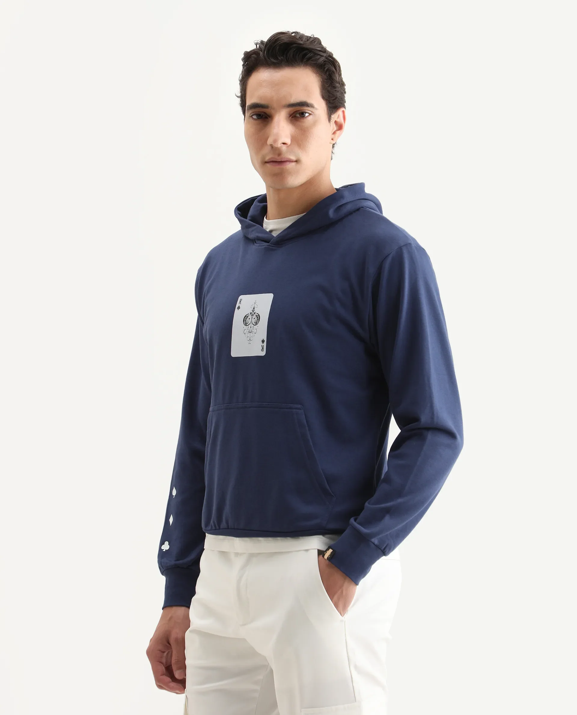 Rare Rabbit Men's Meloro Navy Cotton Blend Graphic Print Regular Fit Full Sleeve Hooded Sweatshirt - Image 5